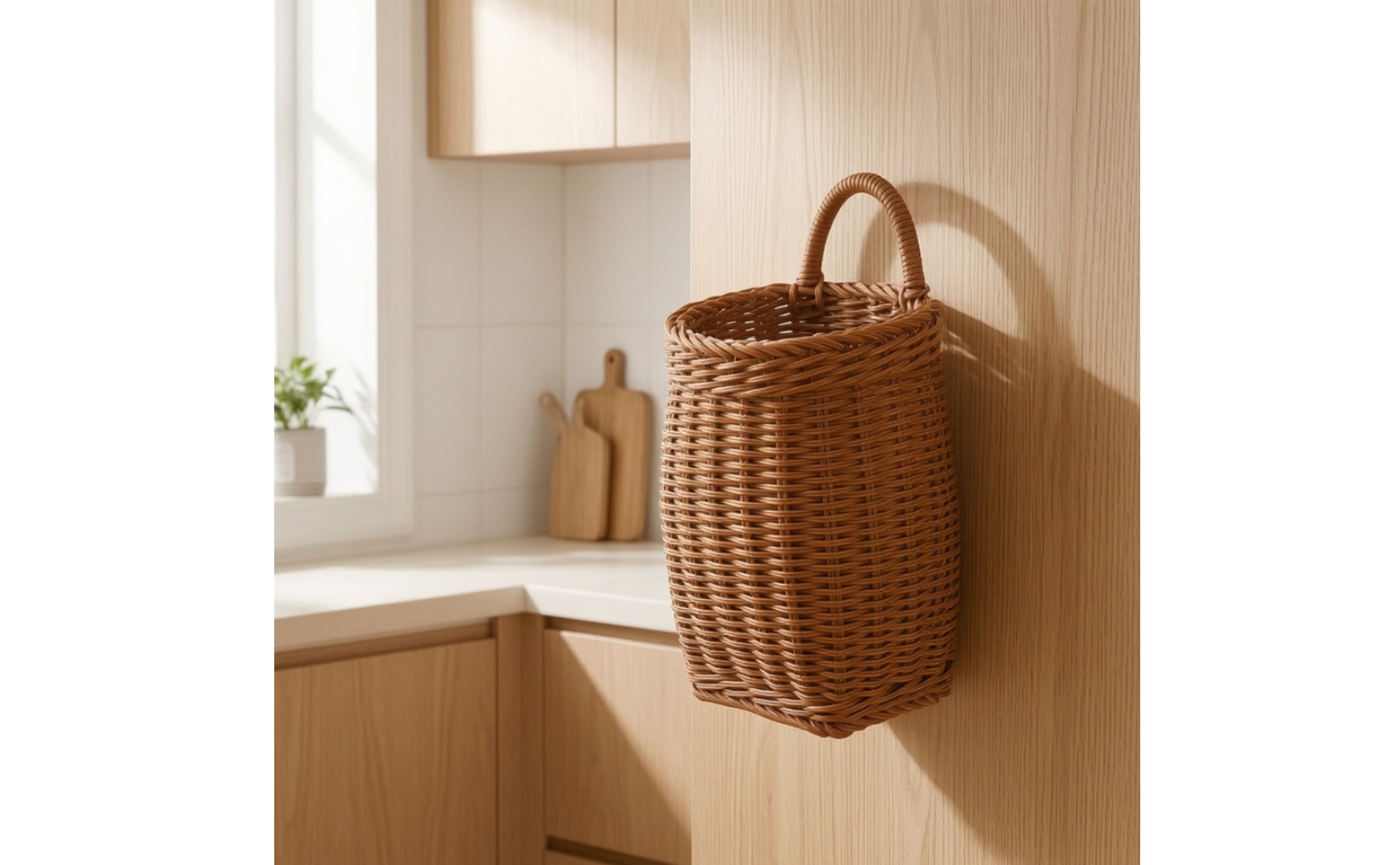 Woven Wall Basket Rattan-Style Hanging Basket with Handle Handwoven for Kitchen