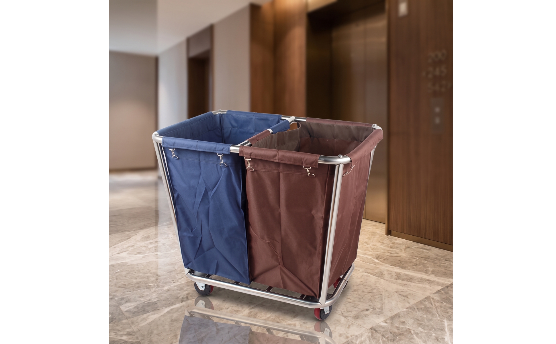 Hotel Laundry Cart Stainless Steel Laundry Cart with Wheels 2-Compartment
