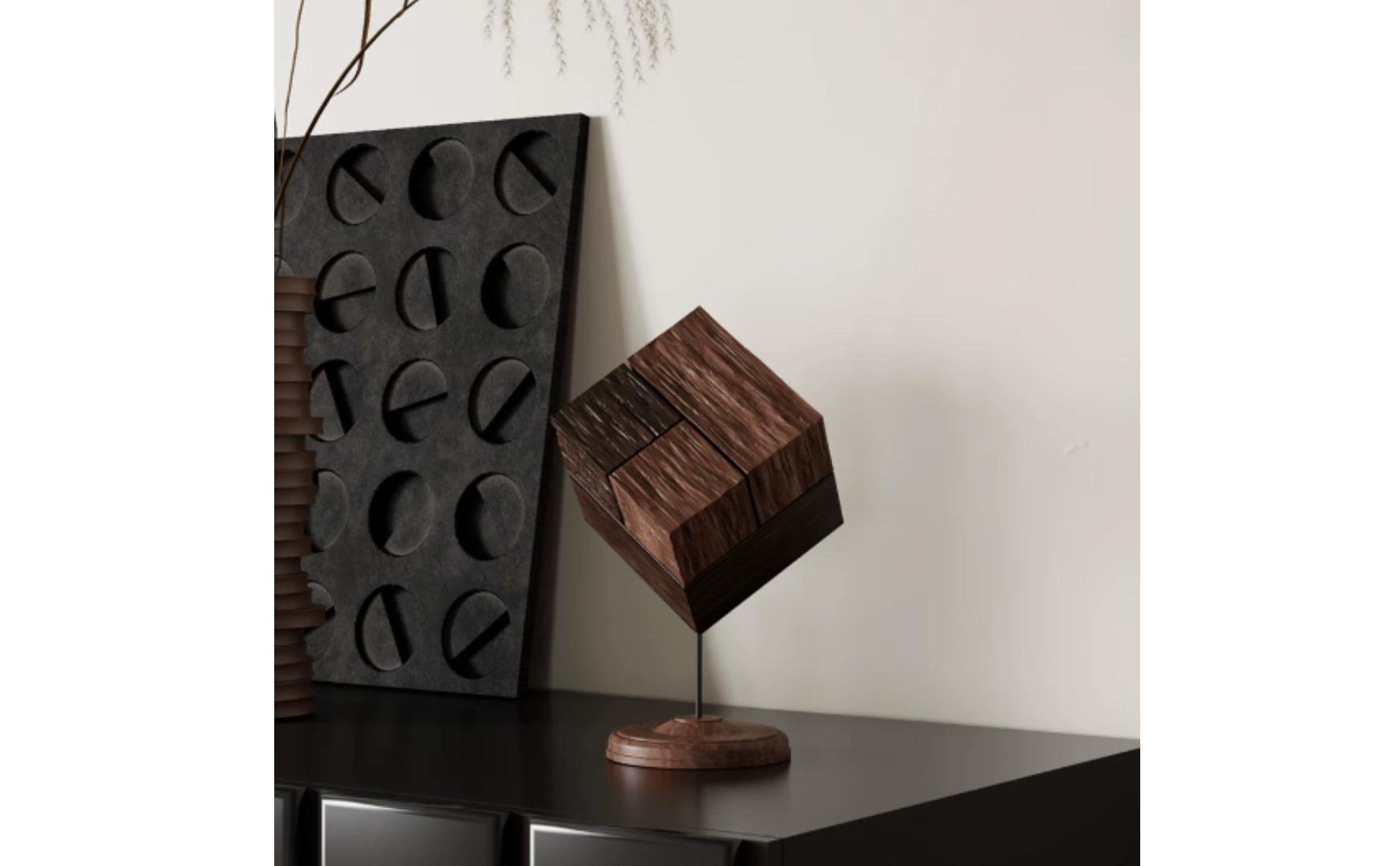 Wooden Cube Sculpture Minimalist Decorative Geometric Sculpture Architectural