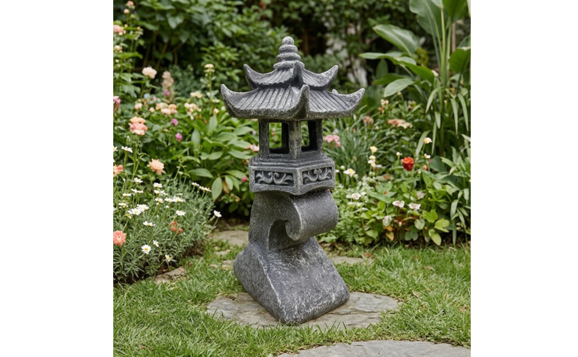Pagode mit Solarlicht Solarbetrieben Steinlaterne in Steinoptik für Garten, Hof