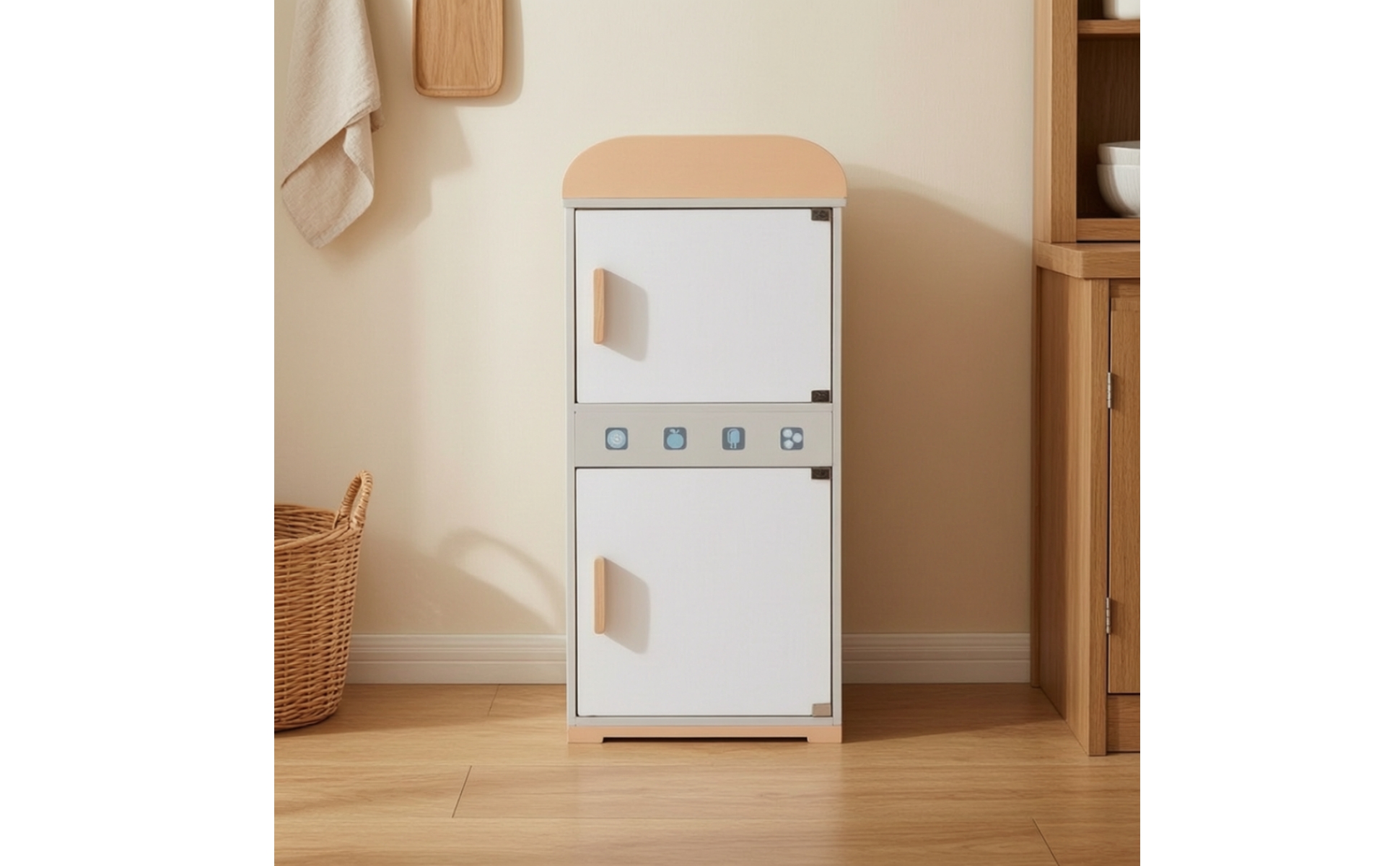 Wooden Toy Refrigerator Durable Wooden Toy Fridge Freestanding for Bedroom, Kids