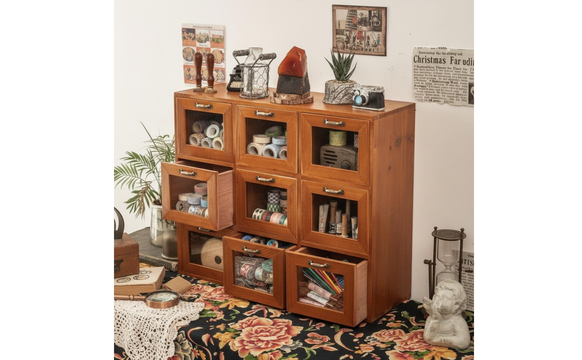 Desktop Organizer with Drawers Wooden Cabinet with Drawers Retro for Craft Room