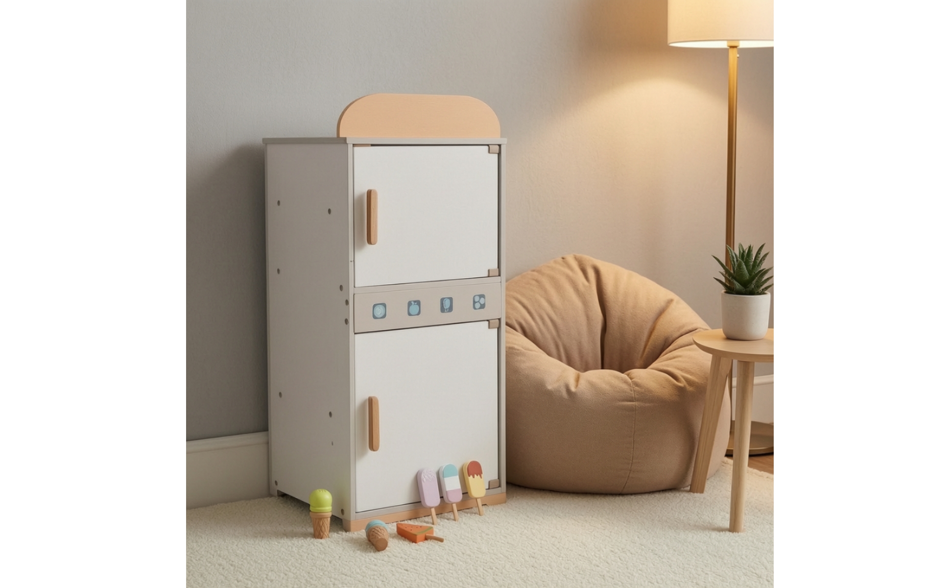 Wooden Toy Refrigerator Durable Wooden Toy Fridge Freestanding for Bedroom, Kids