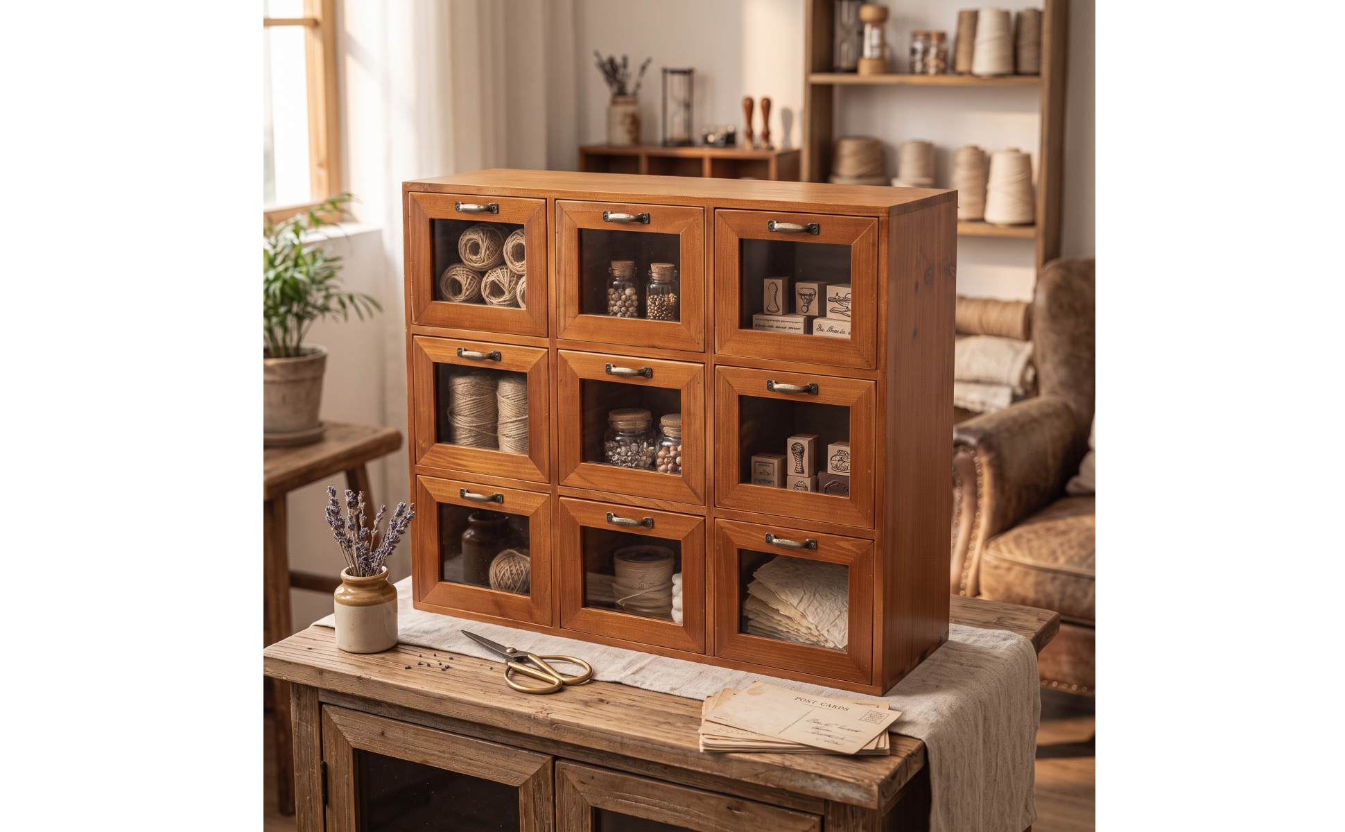 Desktop Organizer with Drawers Wooden Cabinet with Drawers Retro for Craft Room
