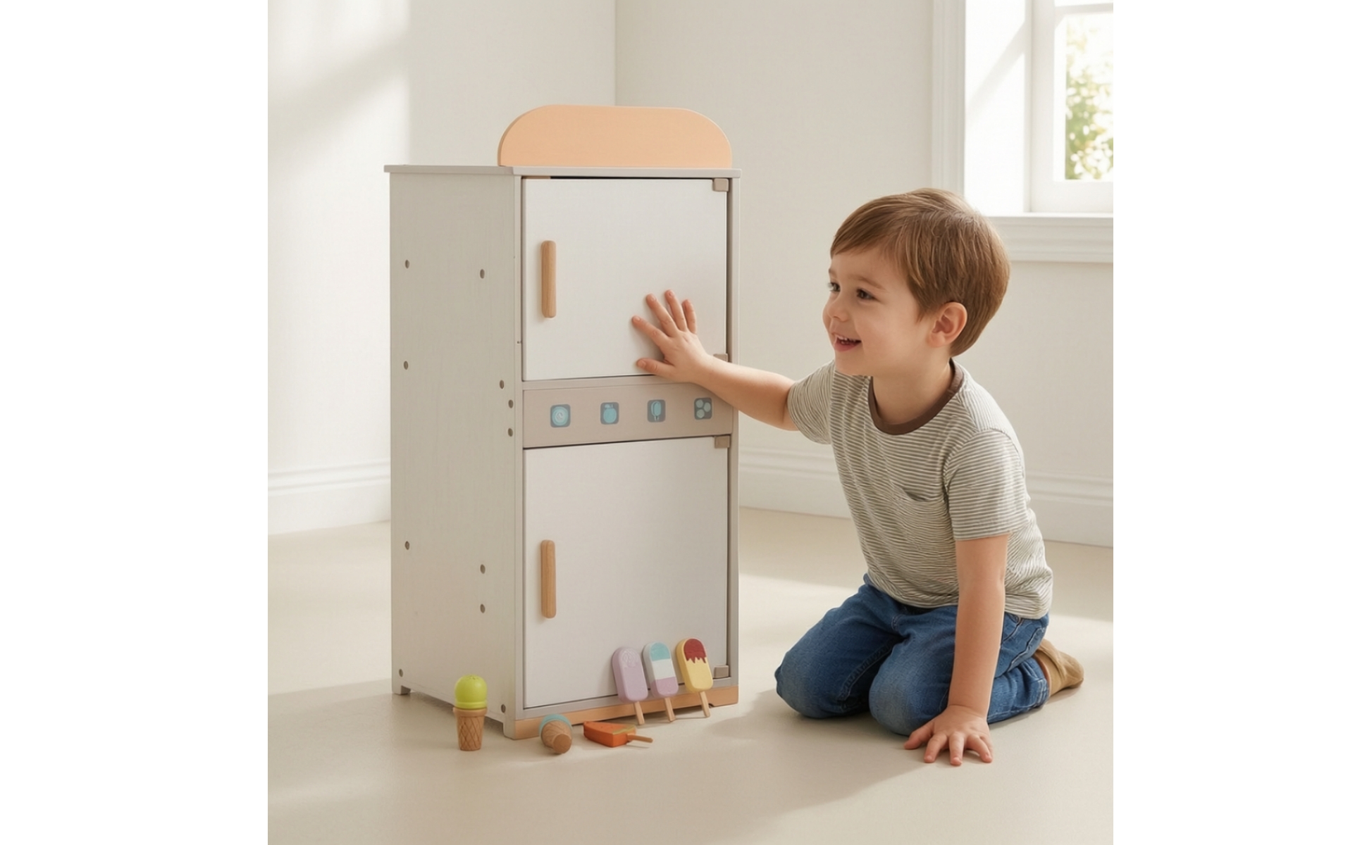 Wooden Toy Refrigerator Durable Wooden Toy Fridge Freestanding for Bedroom, Kids
