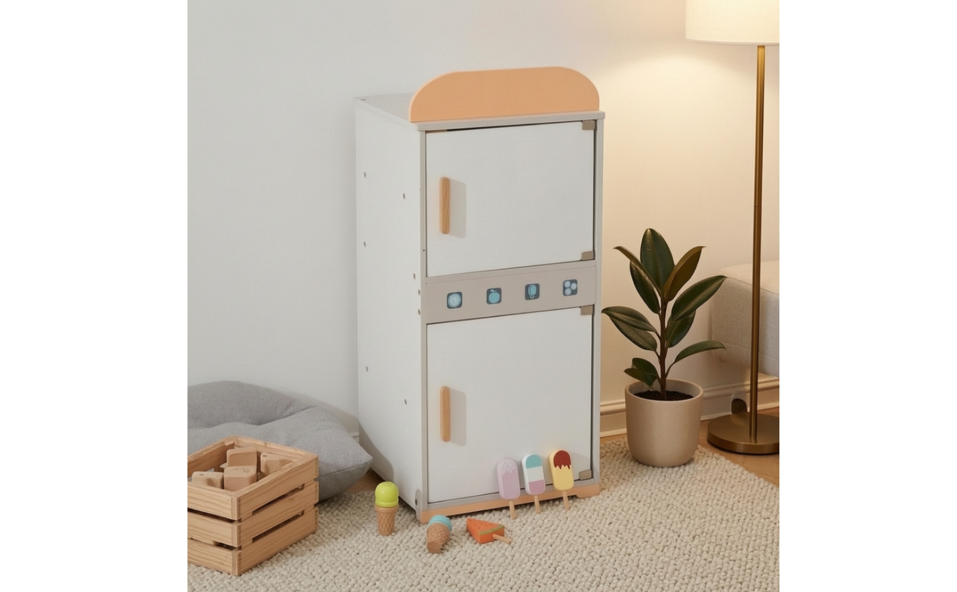 Wooden Toy Refrigerator Durable Wooden Toy Fridge Freestanding for Bedroom, Kids