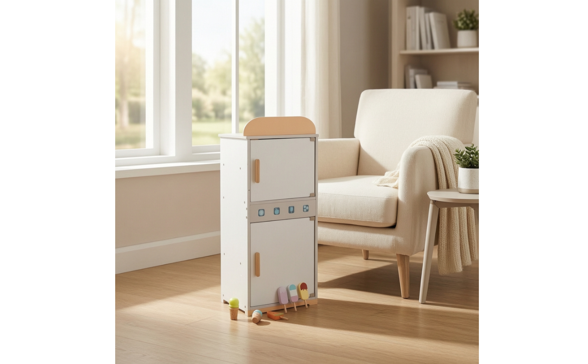 Wooden Toy Refrigerator Durable Wooden Toy Fridge Freestanding for Bedroom, Kids