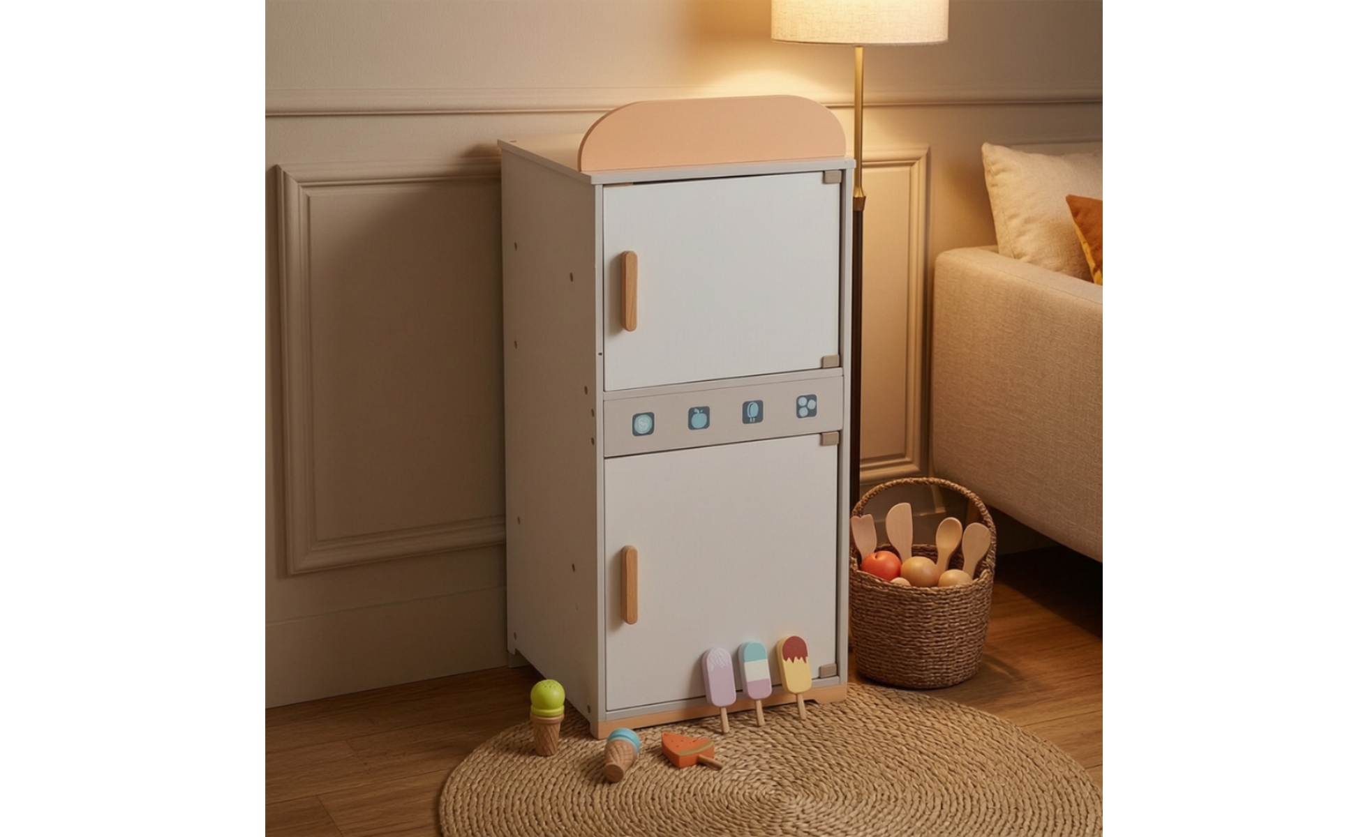 Wooden Toy Refrigerator Durable Wooden Toy Fridge Freestanding for Bedroom, Kids
