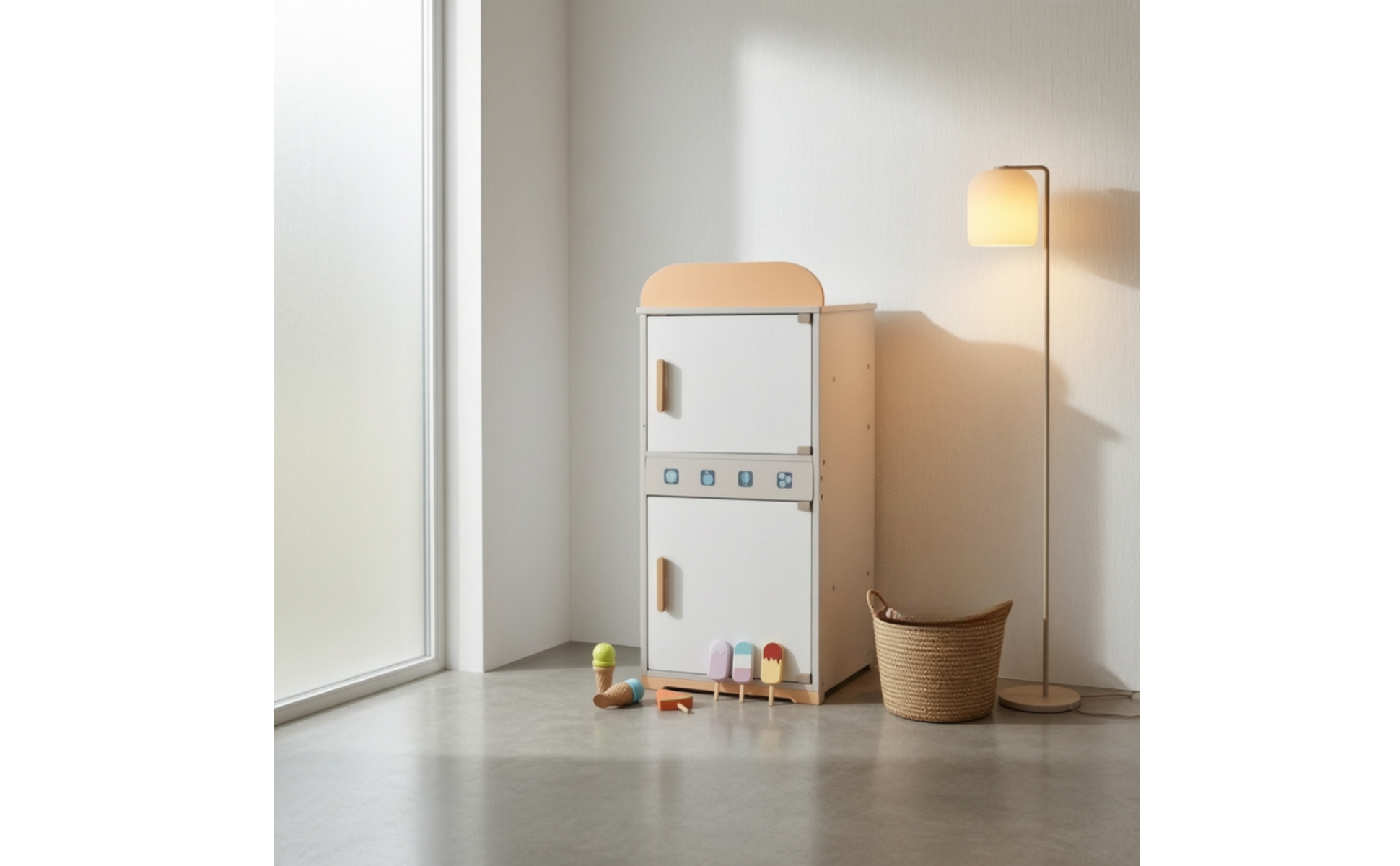 Wooden Toy Refrigerator Durable Wooden Toy Fridge Freestanding for Bedroom, Kids