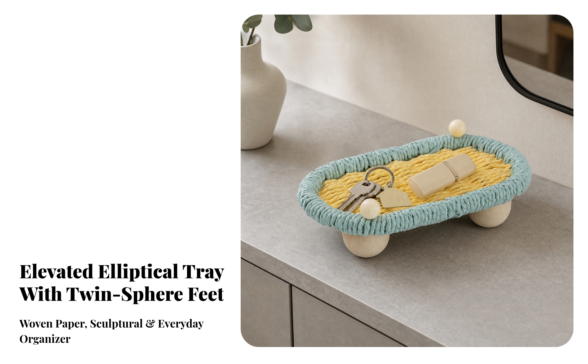 Woven Storage Tray with Wooden Legs Decorative Oval Woven Tray Shallow