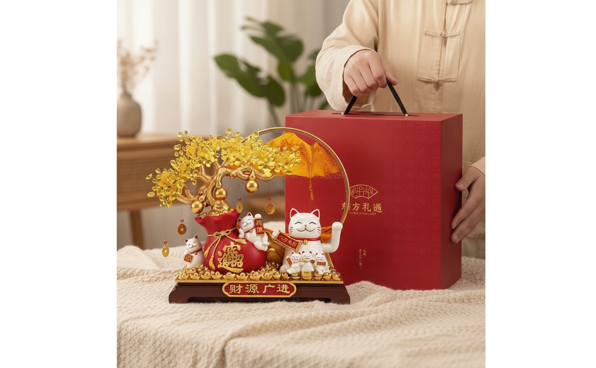 Winkekatze mit Geldbaum goldfarben Glückskatze chinesischer Stil für Ladentheke