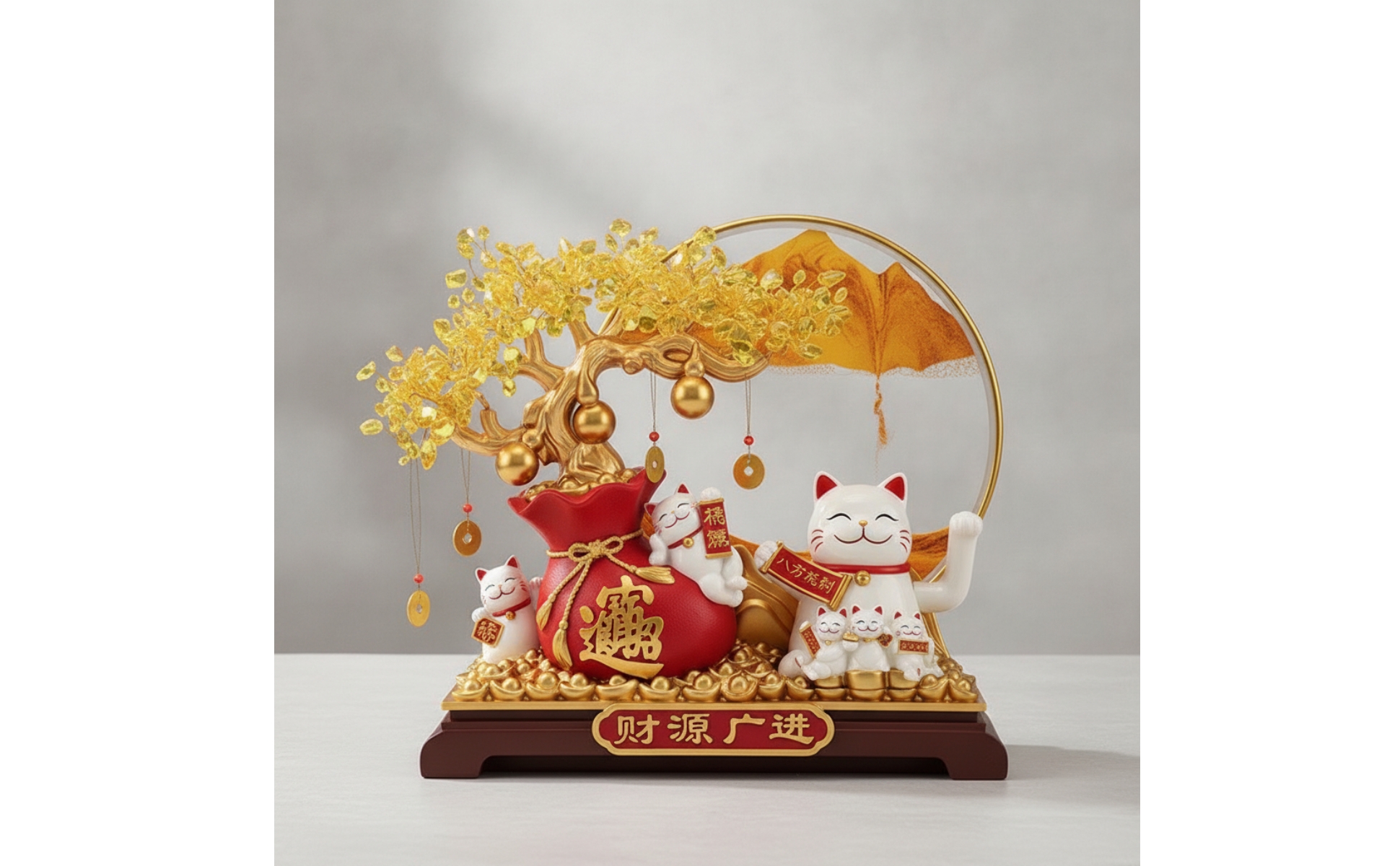 Winkekatze mit Geldbaum goldfarben Glückskatze chinesischer Stil für Ladentheke