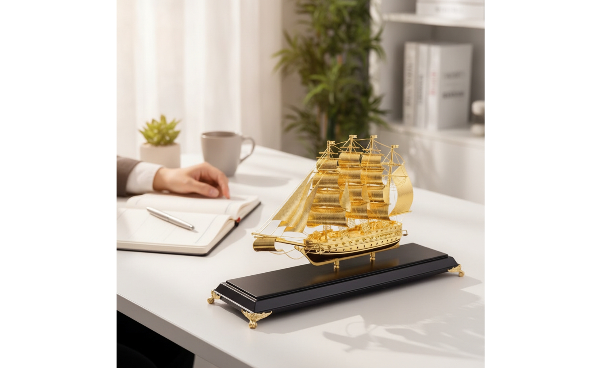 Sailboat Model Nautical Sailboat Decor Gold-Toned for Office, Bookshelf, Sailors