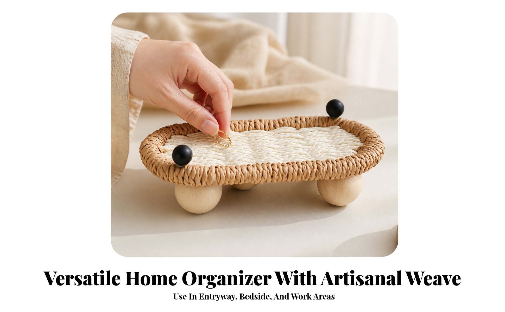 Woven Storage Tray with Wooden Legs Decorative Oval Woven Tray Shallow