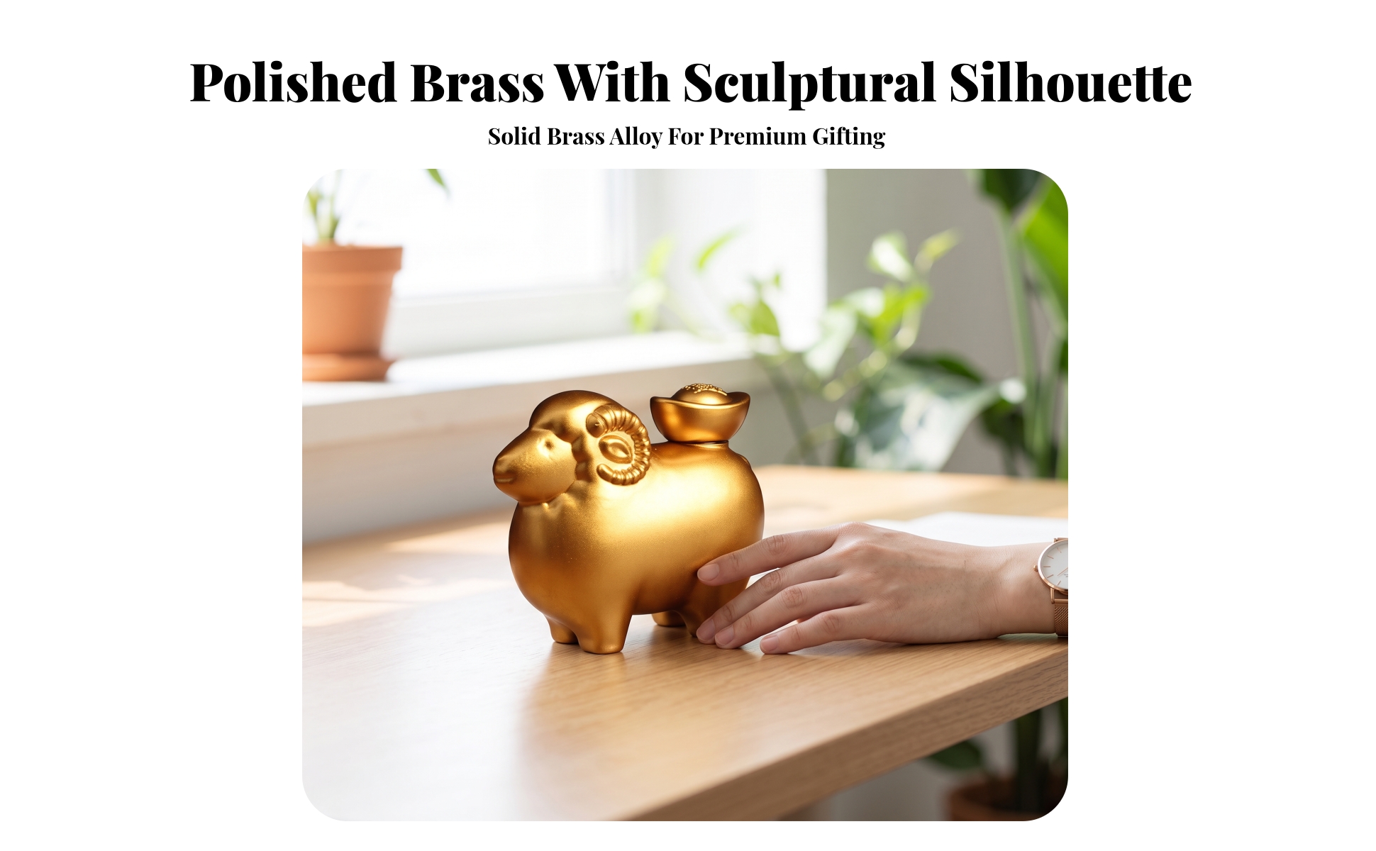 Brass Ram Figurine with Sycee Ingot Golden Metal Sheep Figurine with Ingot