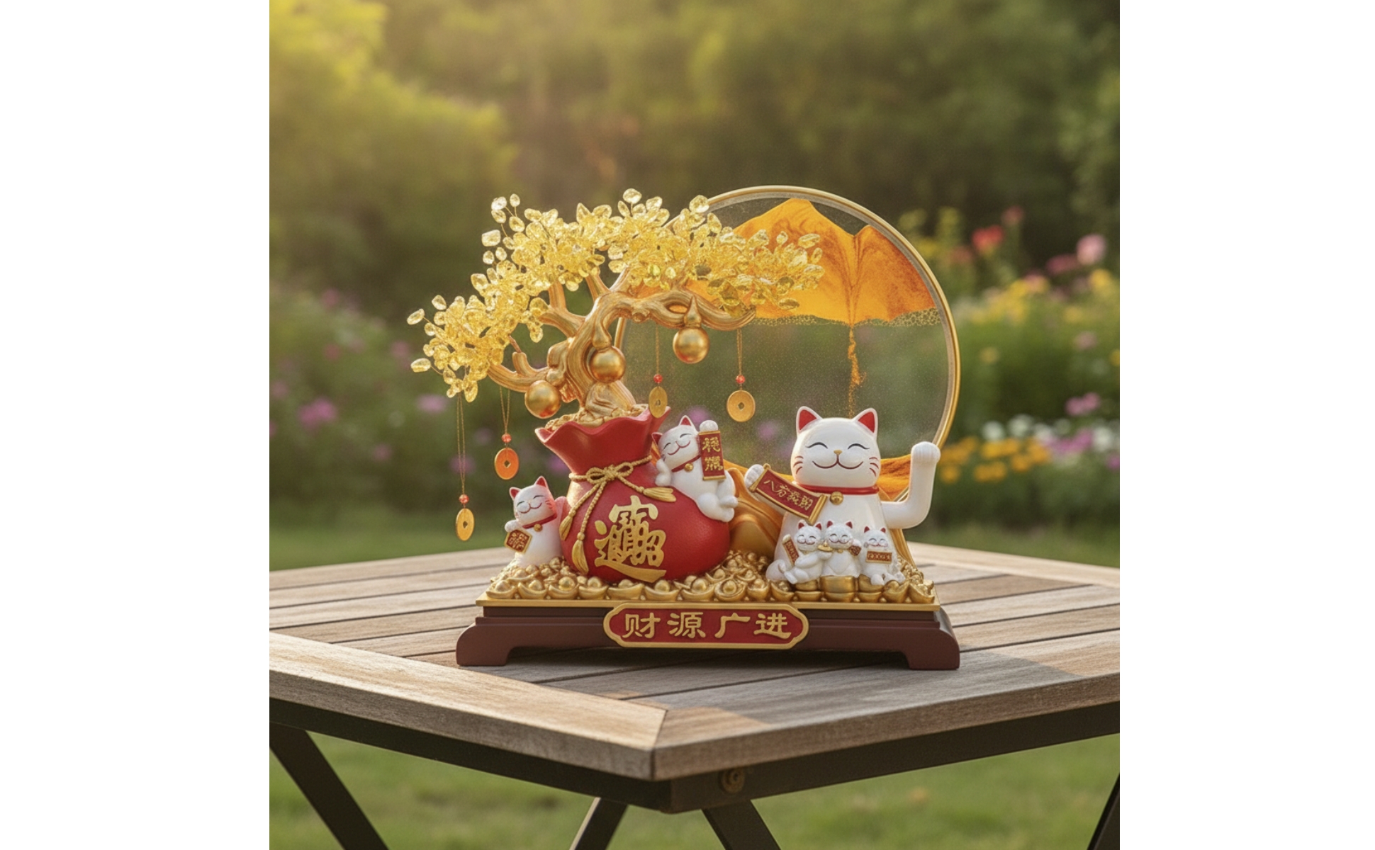 Winkekatze mit Geldbaum goldfarben Glückskatze chinesischer Stil für Ladentheke