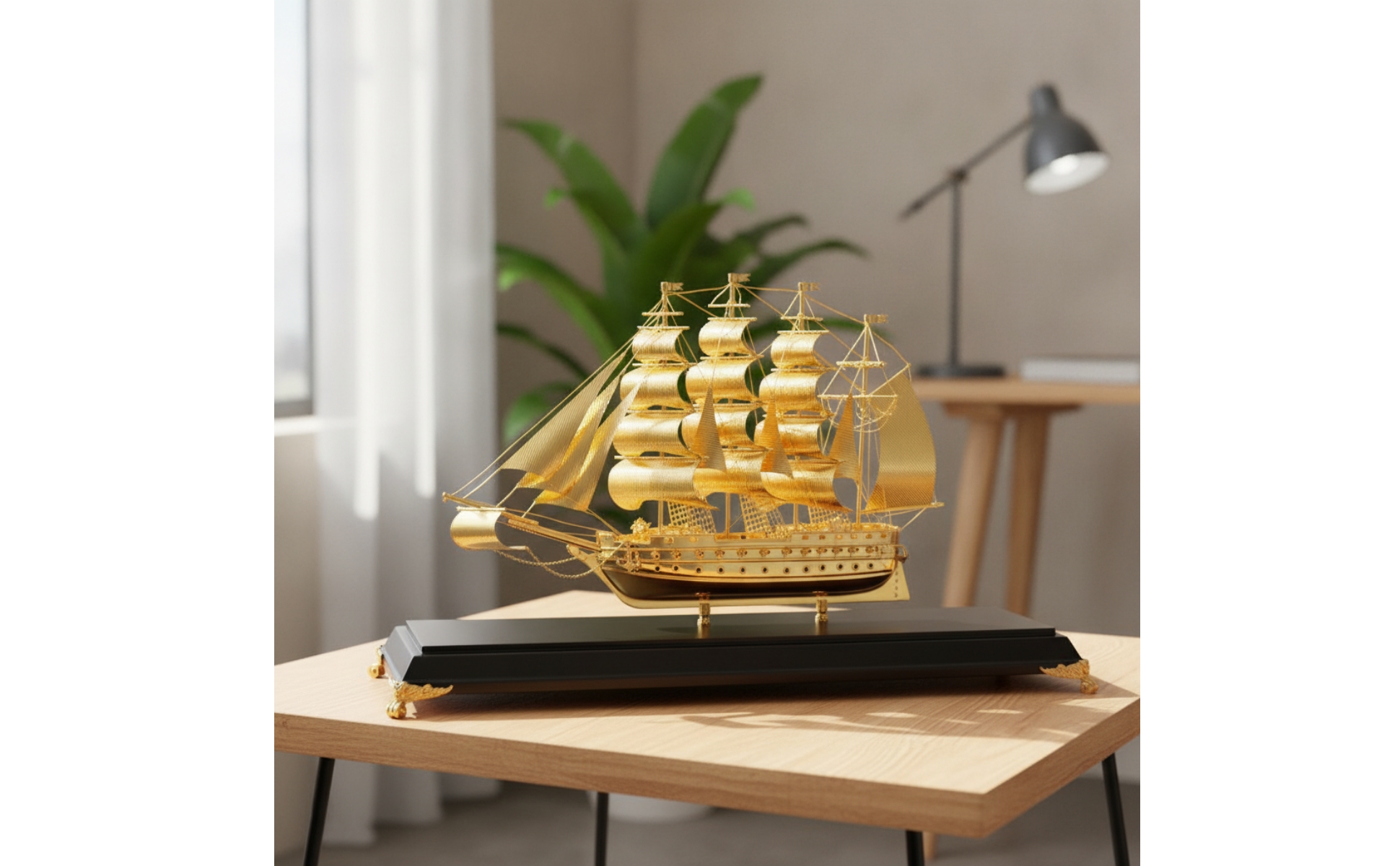 Sailboat Model Nautical Sailboat Decor Gold-Toned for Office, Bookshelf, Sailors
