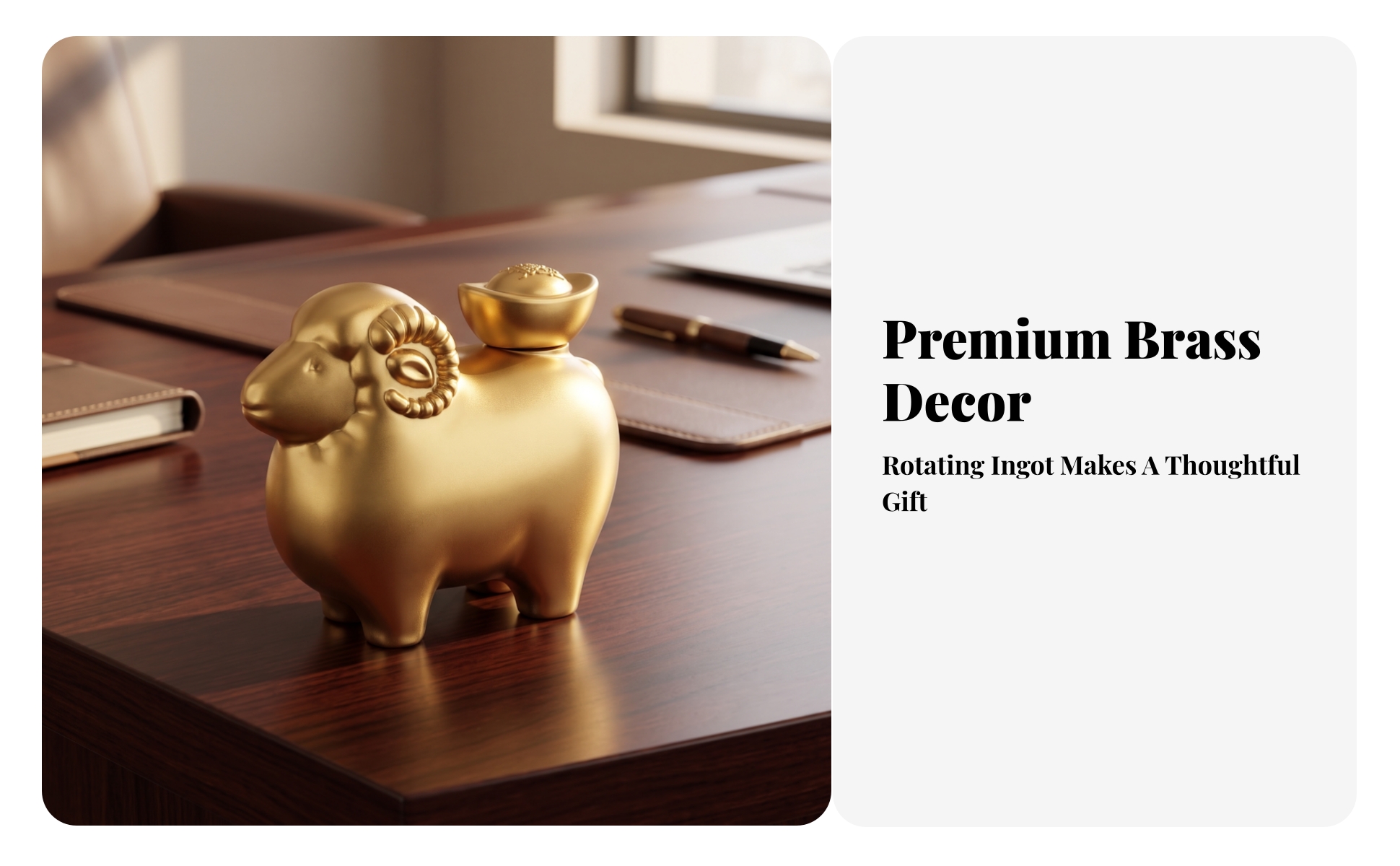 Brass Ram Figurine with Sycee Ingot Golden Metal Sheep Figurine with Ingot