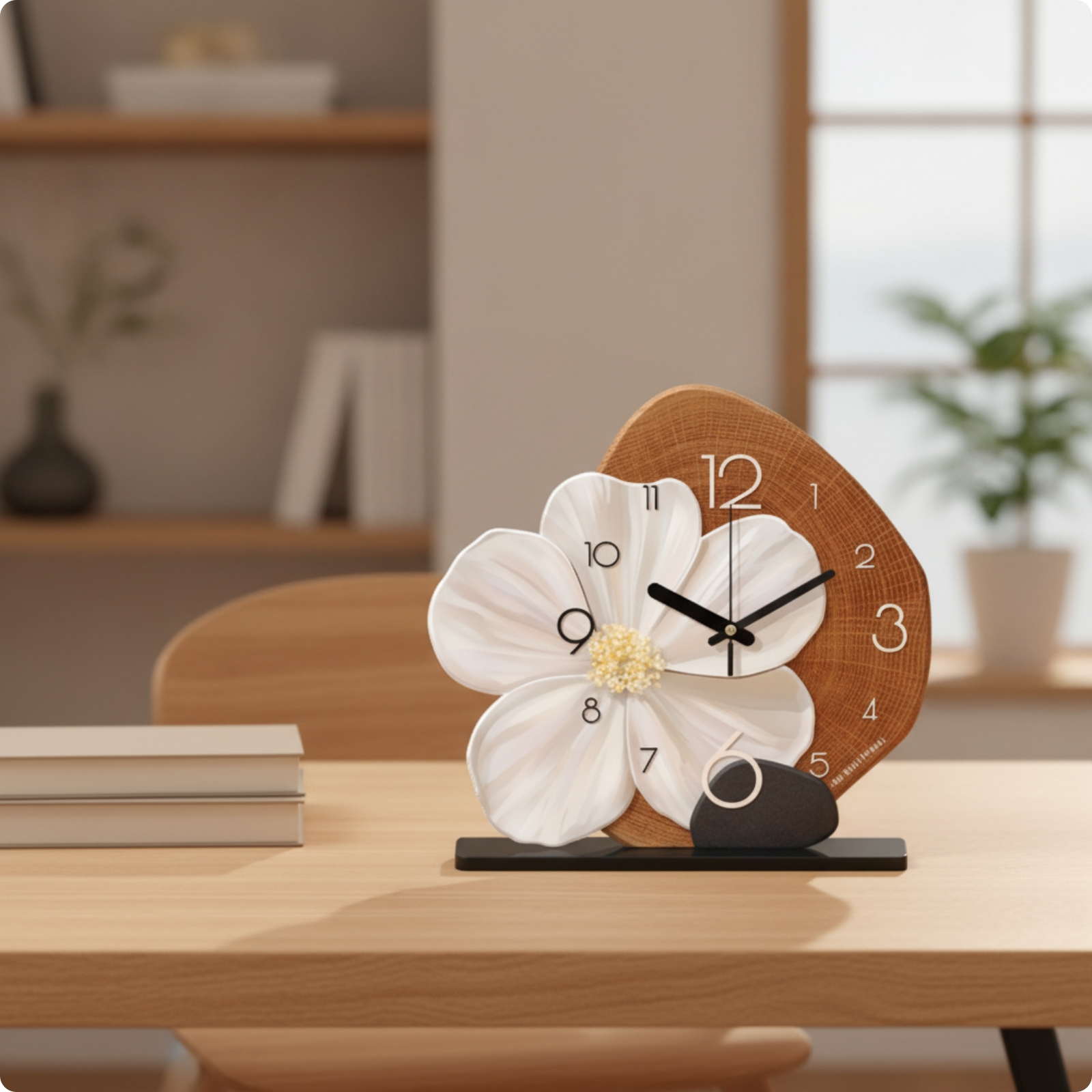 Analog Clock with Flower Shape Natural Wood Wooden Desk Clock Easy to Read