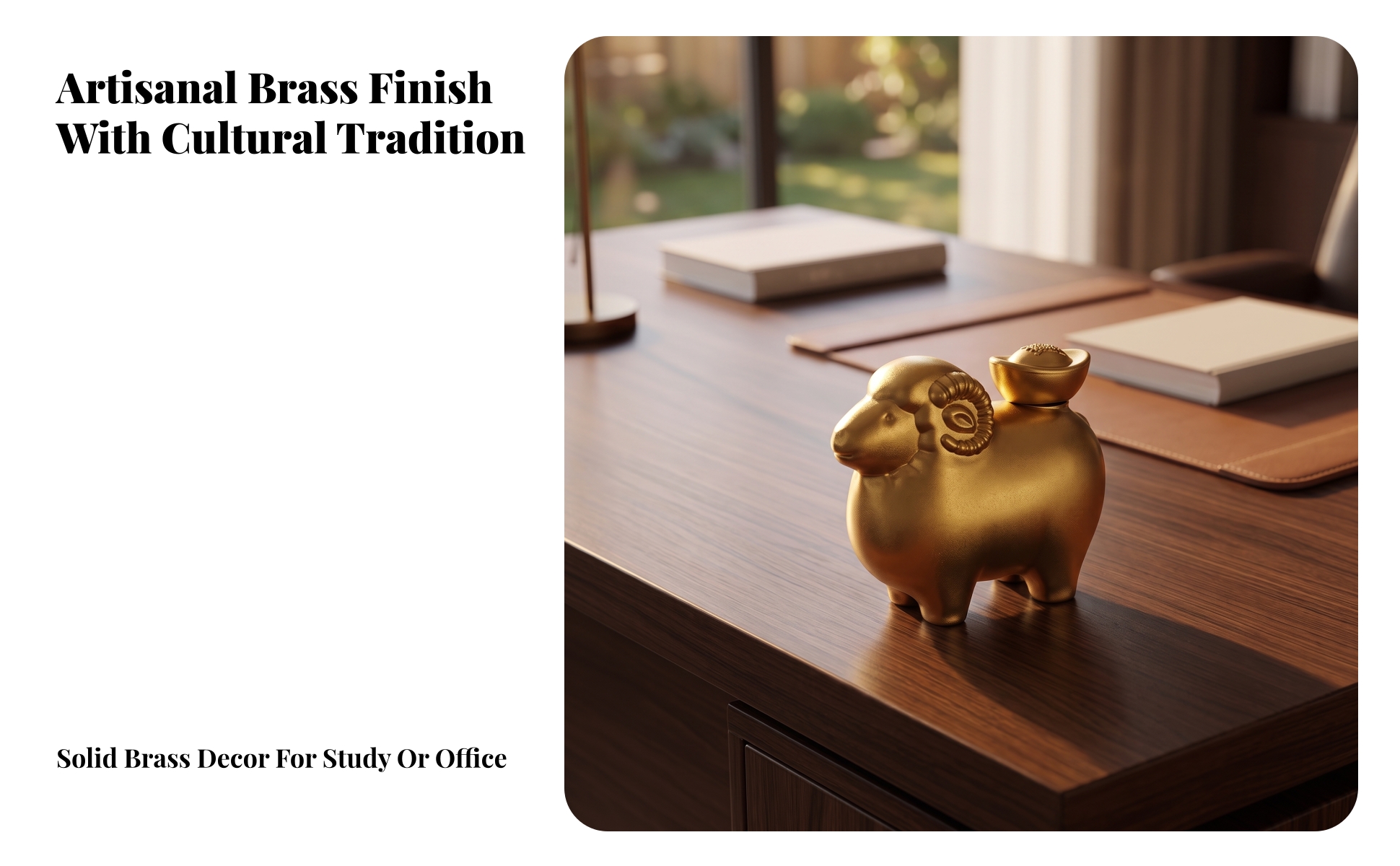 Brass Ram Figurine with Sycee Ingot Golden Metal Sheep Figurine with Ingot