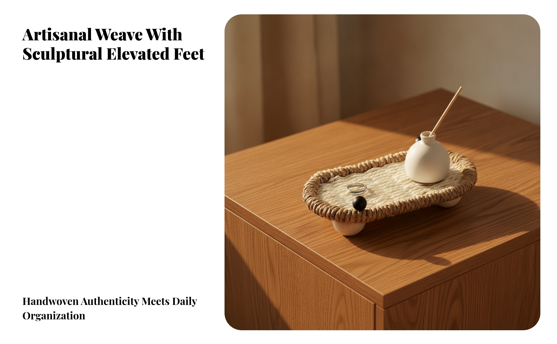 Woven Storage Tray with Wooden Legs Decorative Oval Woven Tray Shallow