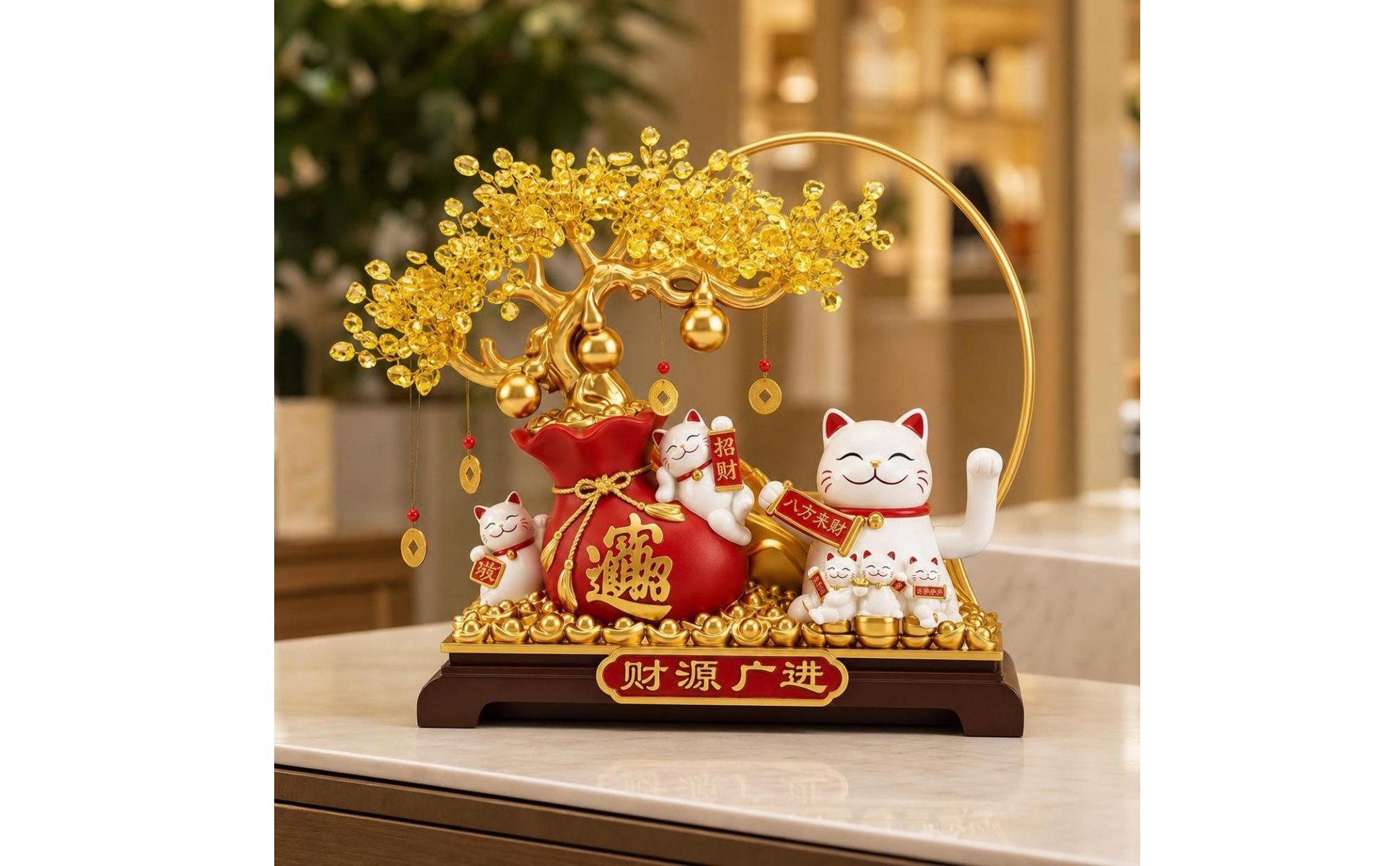Winkekatze mit Geldbaum goldfarben Glückskatze chinesischer Stil für Ladentheke