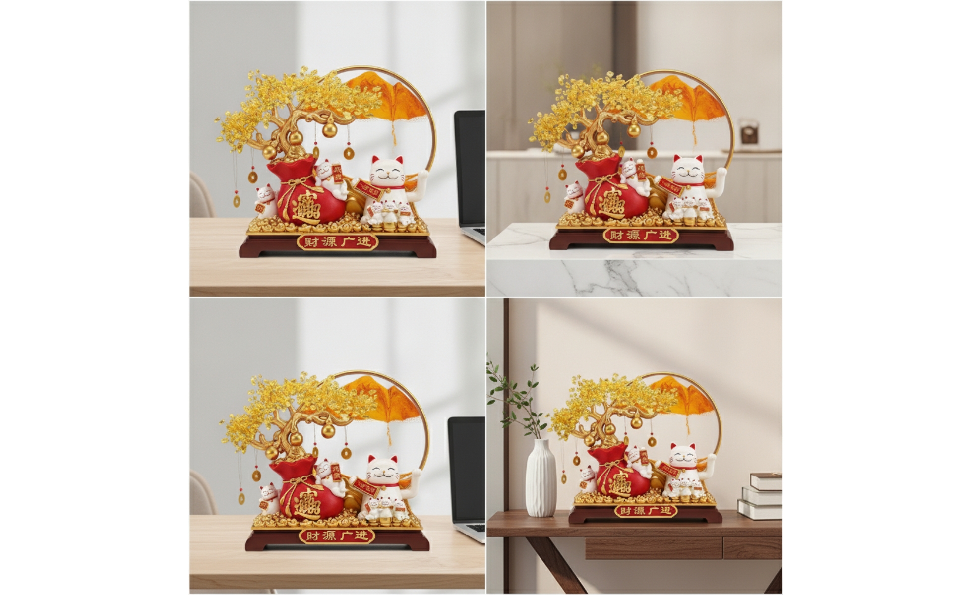Winkekatze mit Geldbaum goldfarben Glückskatze chinesischer Stil für Ladentheke