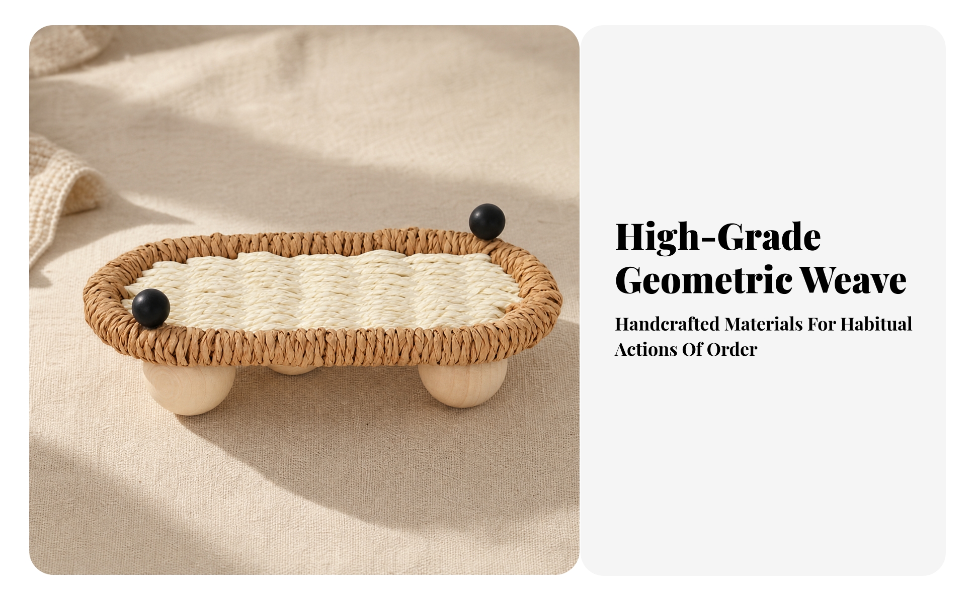 Woven Storage Tray with Wooden Legs Decorative Oval Woven Tray Shallow