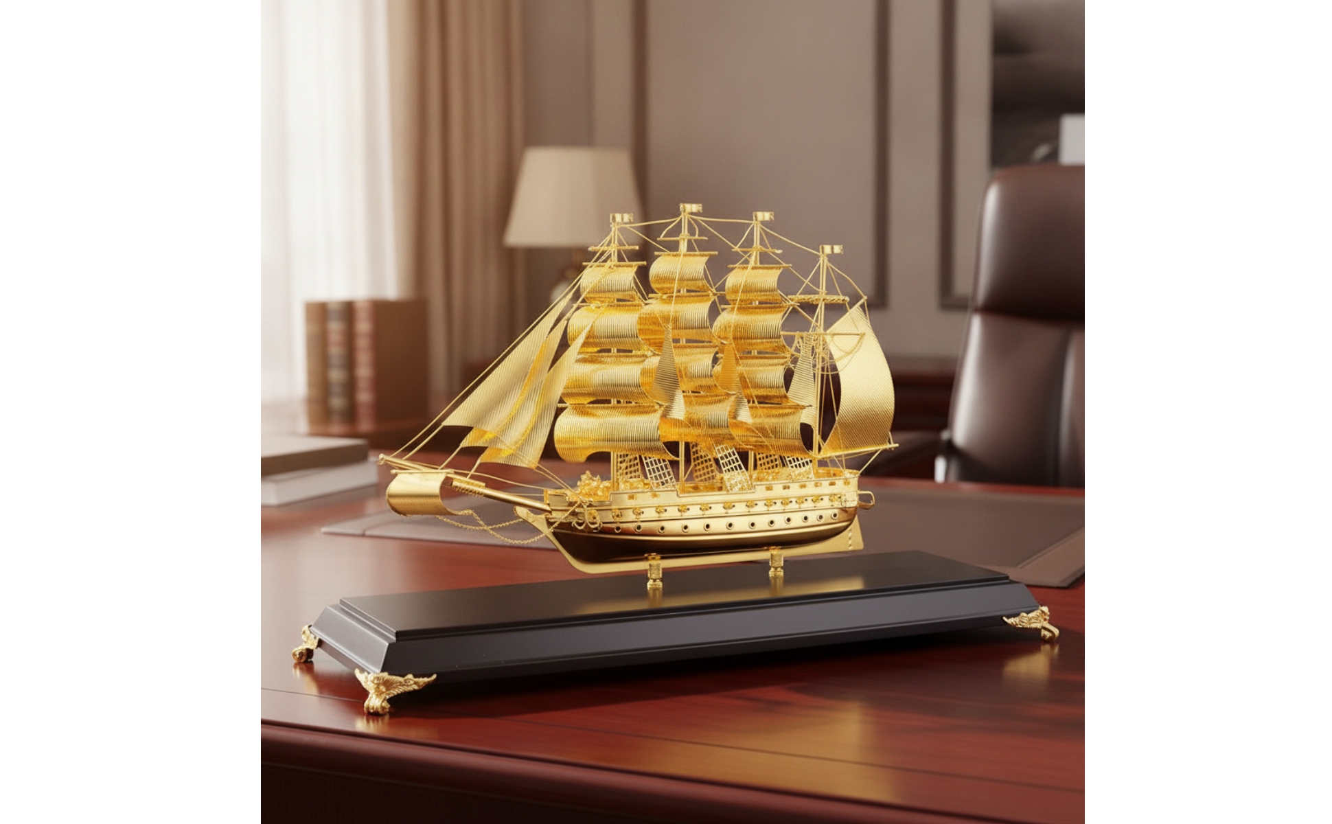 Sailboat Model Nautical Sailboat Decor Gold-Toned for Office, Bookshelf, Sailors