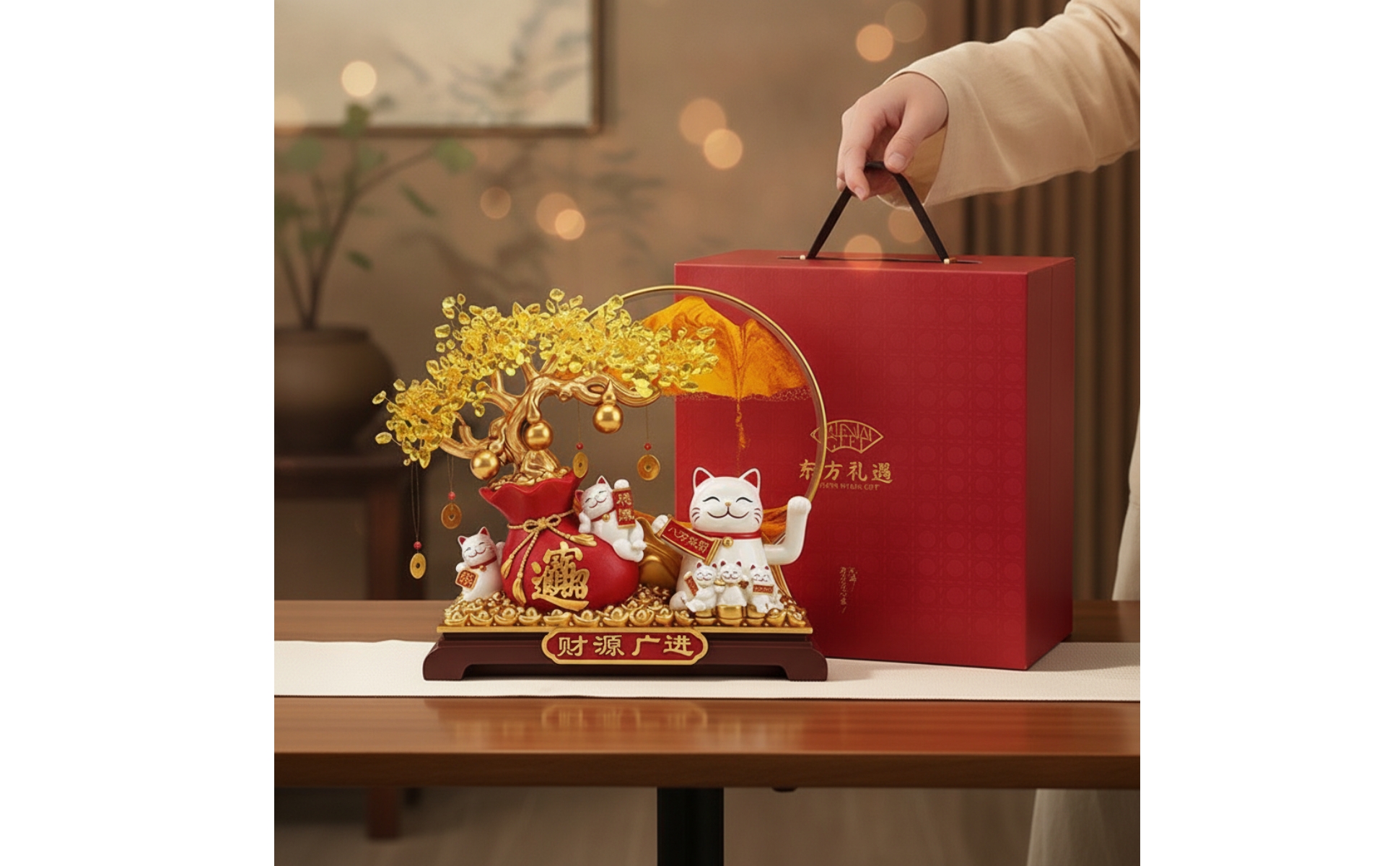 Winkekatze mit Geldbaum goldfarben Glückskatze chinesischer Stil für Ladentheke