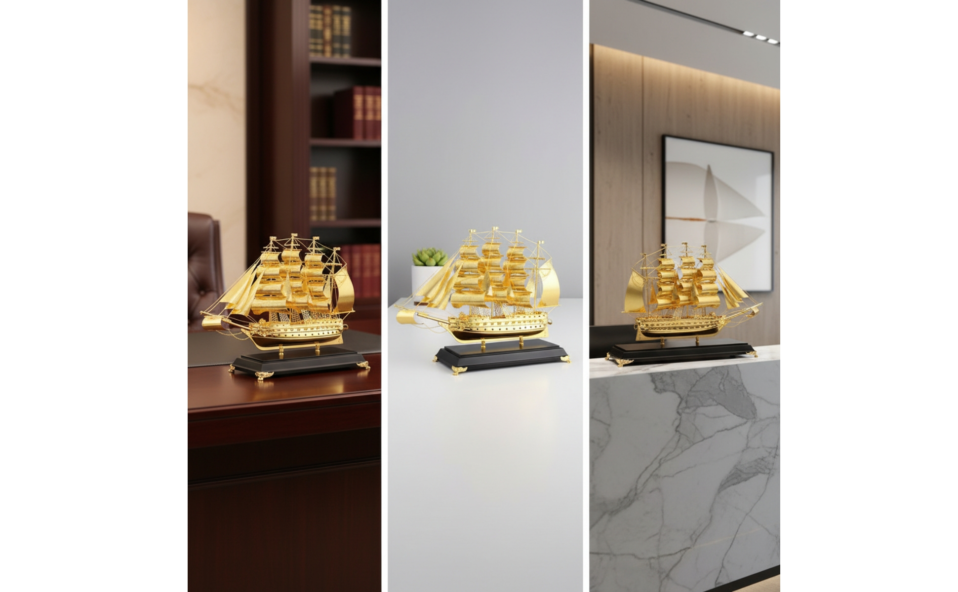 Sailboat Model Nautical Sailboat Decor Gold-Toned for Office, Bookshelf, Sailors