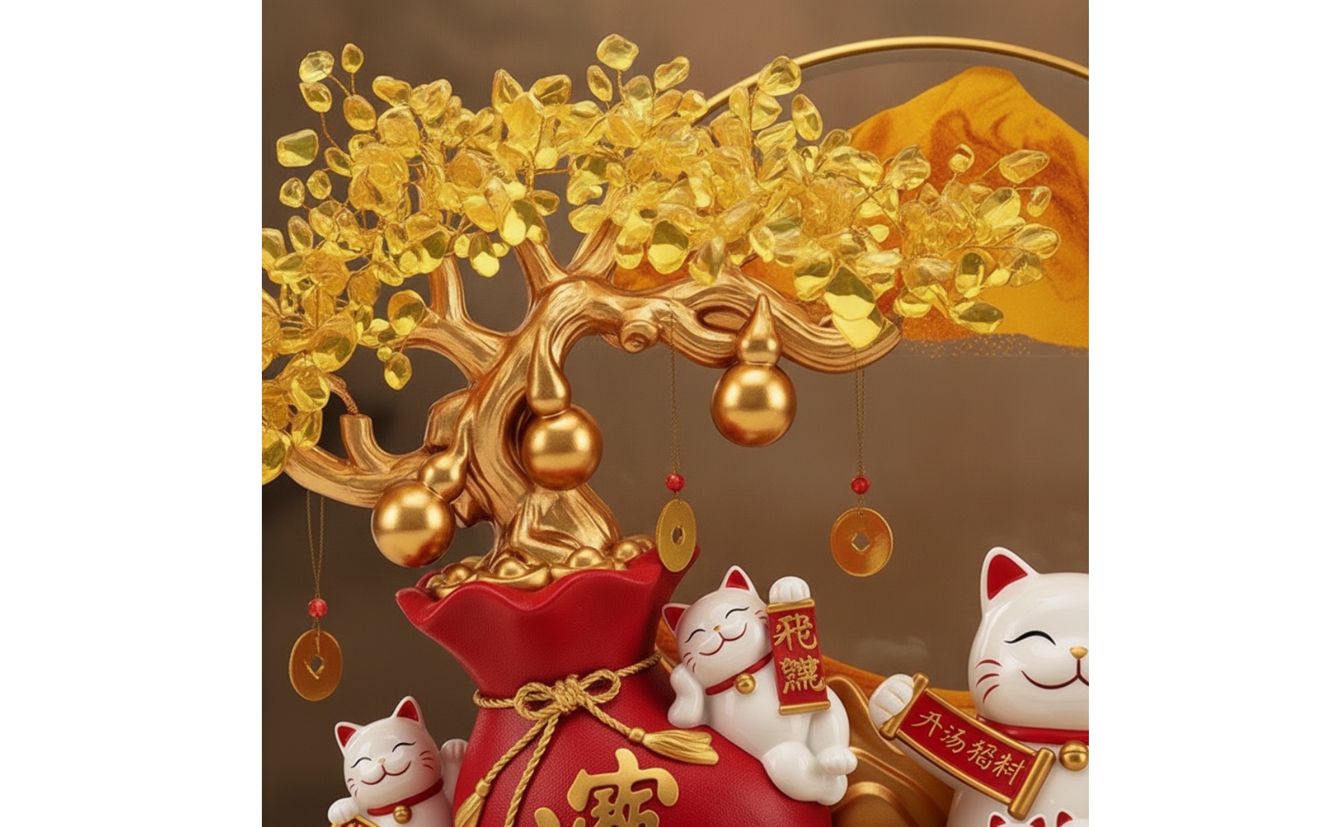 Winkekatze mit Geldbaum goldfarben Glückskatze chinesischer Stil für Ladentheke