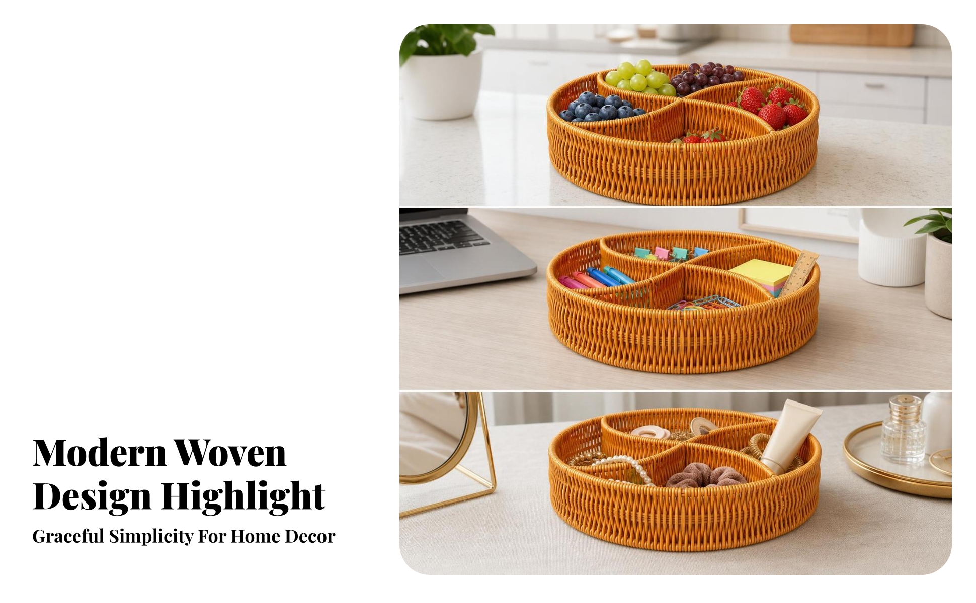 Woven Tray Basket Rustic Rattan Tray with Handles Lightweight for Living Room