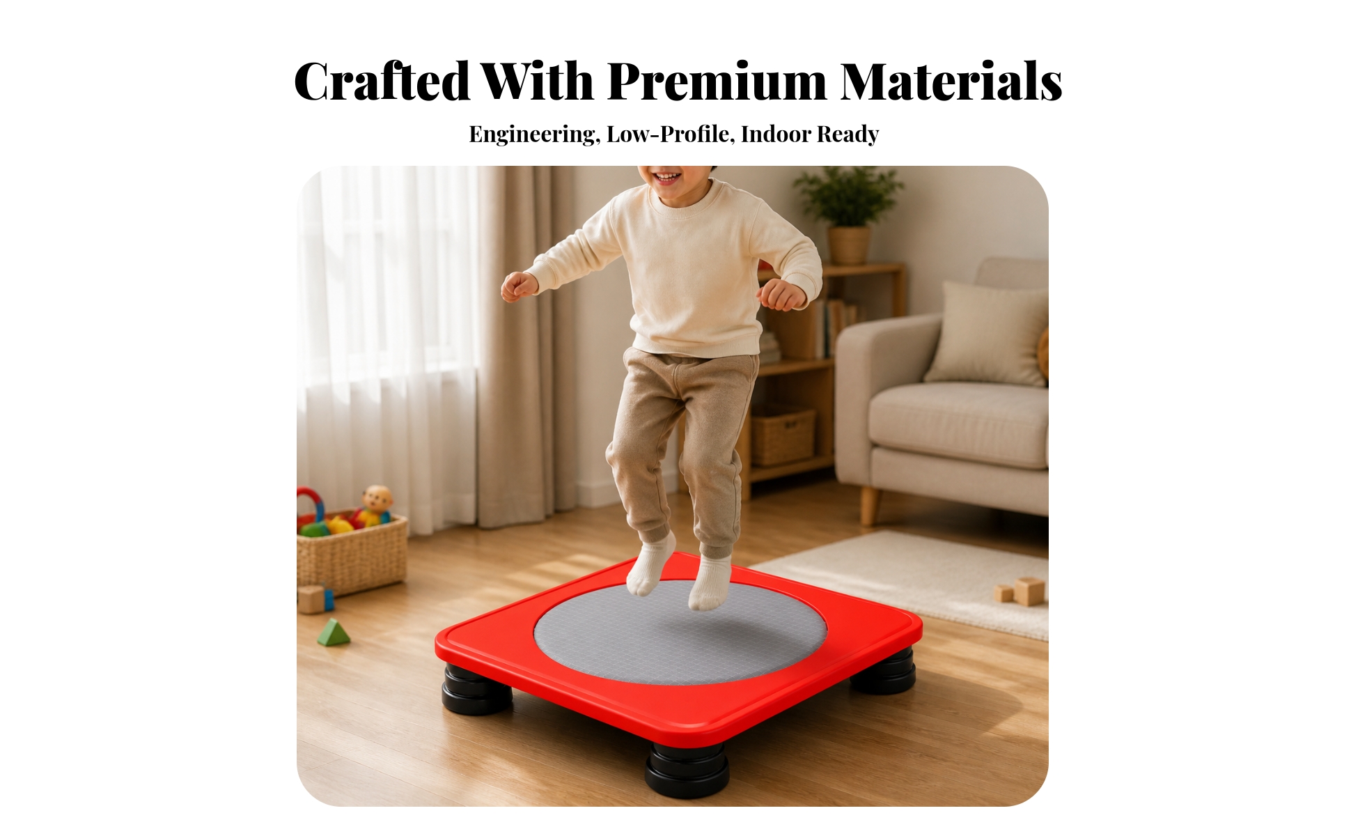 Square Trampoline Compact Foldable Trampoline Low-Profile for Playroom, Toddlers