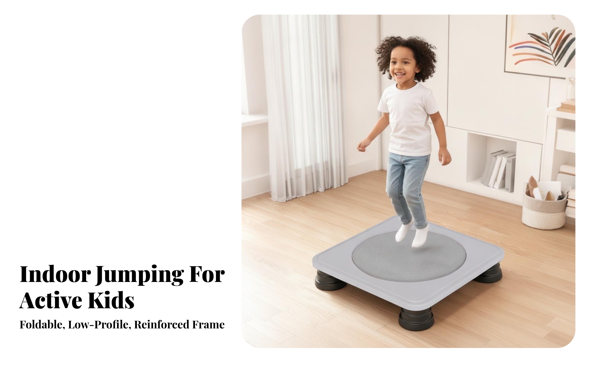 Square Trampoline Compact Foldable Trampoline Low-Profile for Playroom, Toddlers