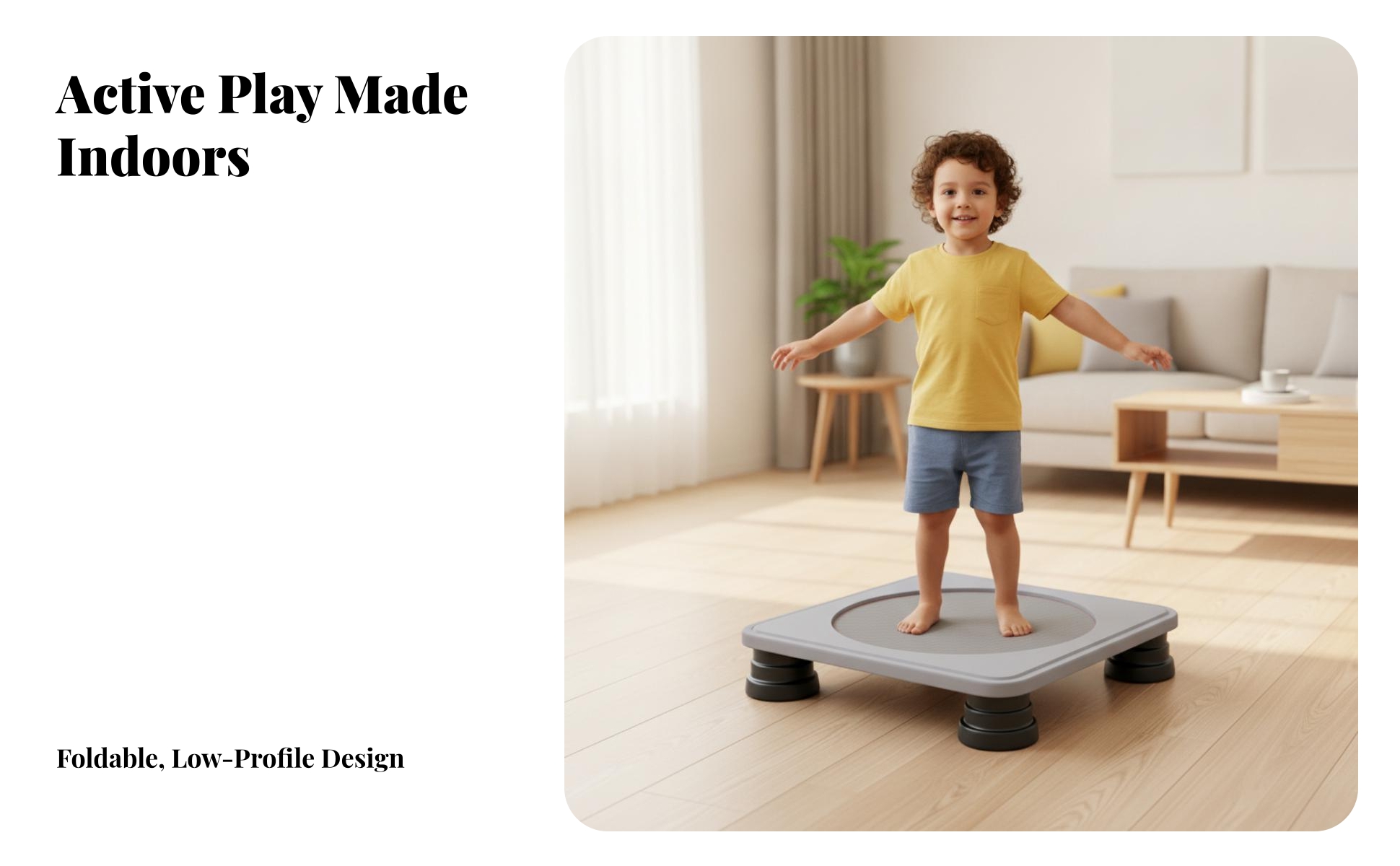 Square Trampoline Compact Foldable Trampoline Low-Profile for Playroom, Toddlers