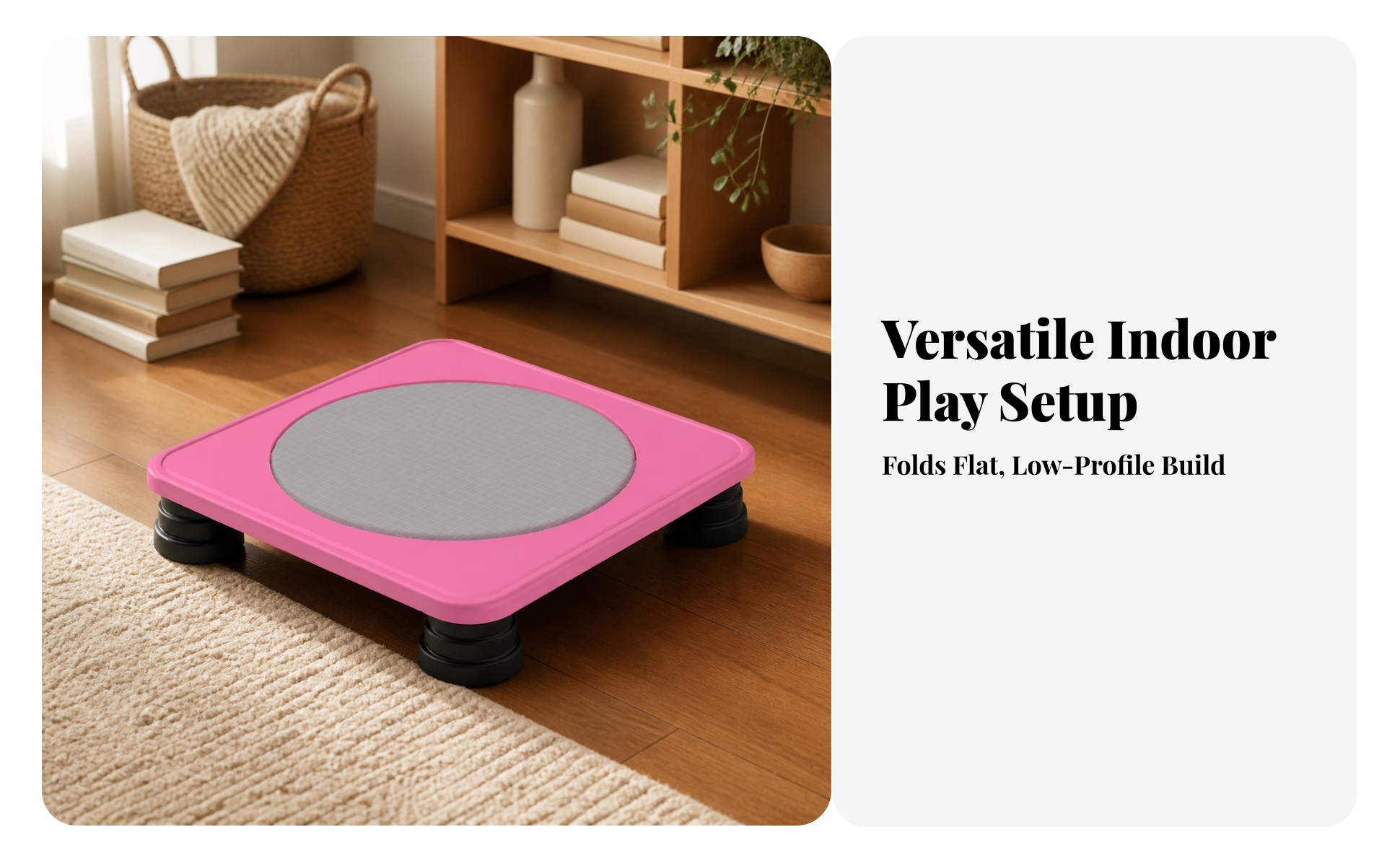 Square Trampoline Compact Foldable Trampoline Low-Profile for Playroom, Toddlers