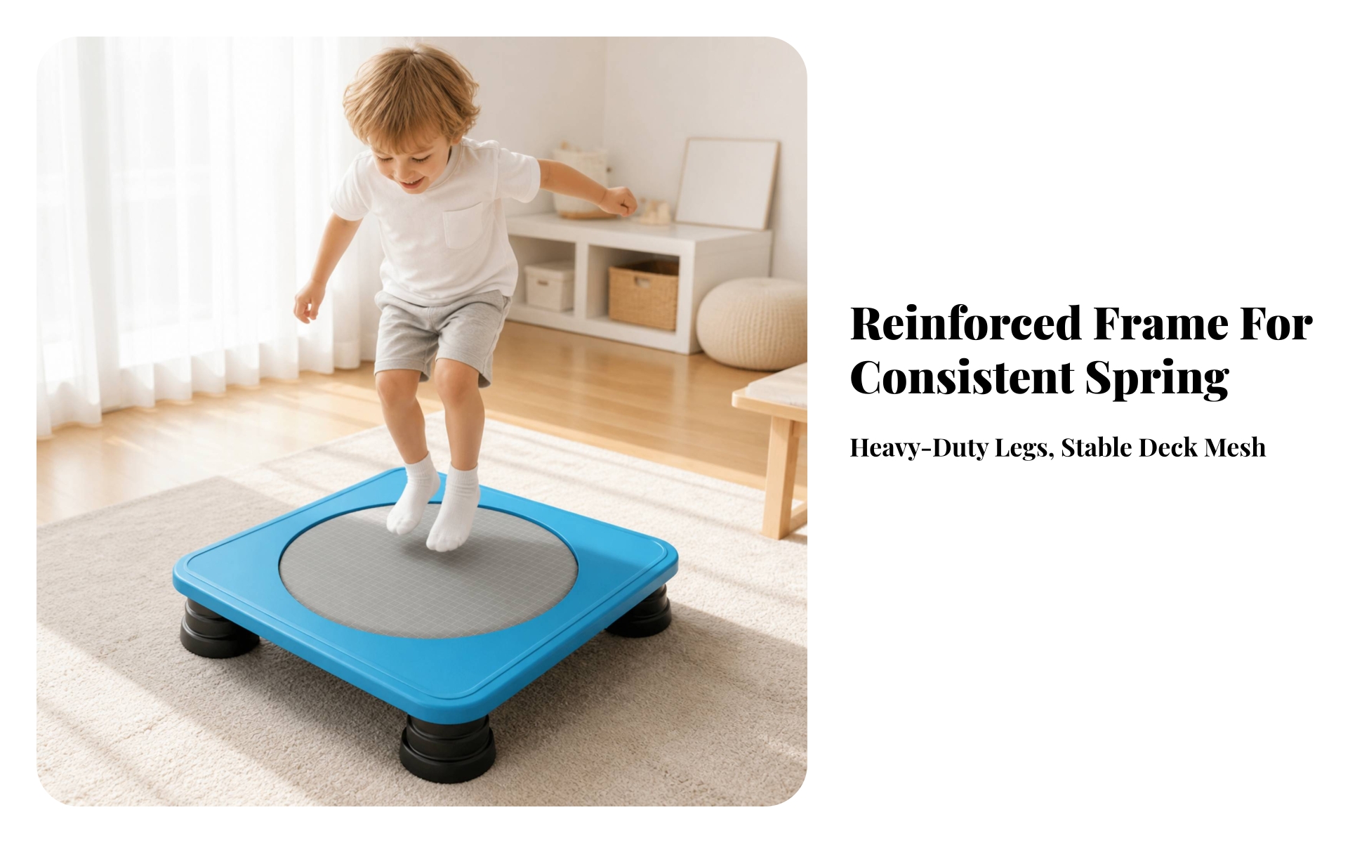 Square Trampoline Compact Foldable Trampoline Low-Profile for Playroom, Toddlers