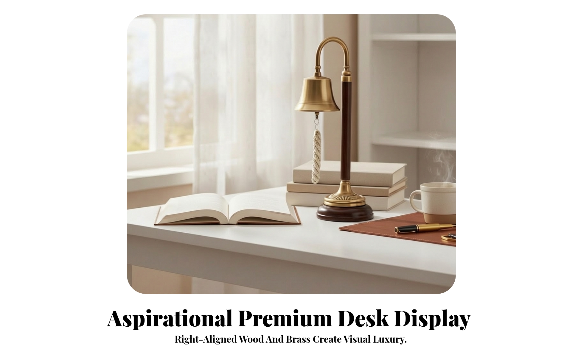 Tabletop Bell with Wooden Stand Brass-Toned for Entry Table, Shelf, Collectors