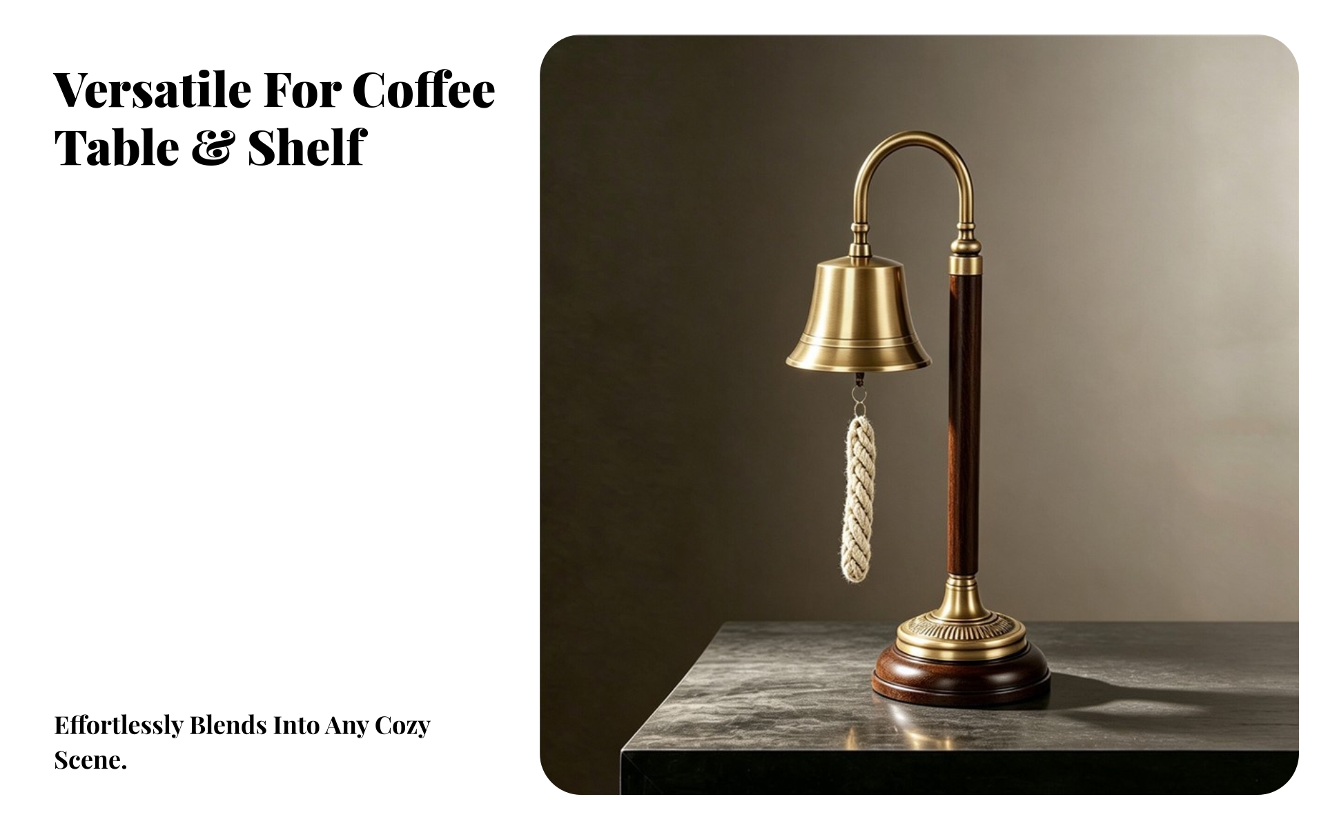 Tabletop Bell with Wooden Stand Brass-Toned for Entry Table, Shelf, Collectors