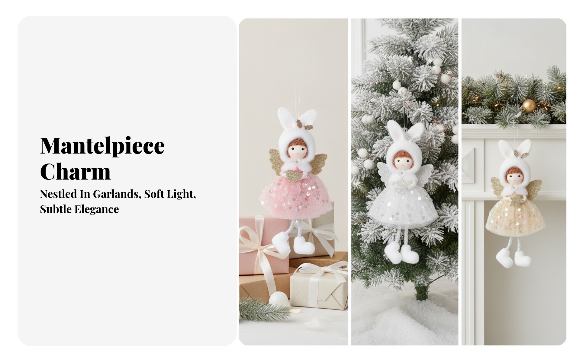 Angel Ornament with Bunny Ears Fairy-Inspired for Holiday Display, Wreaths, Kids