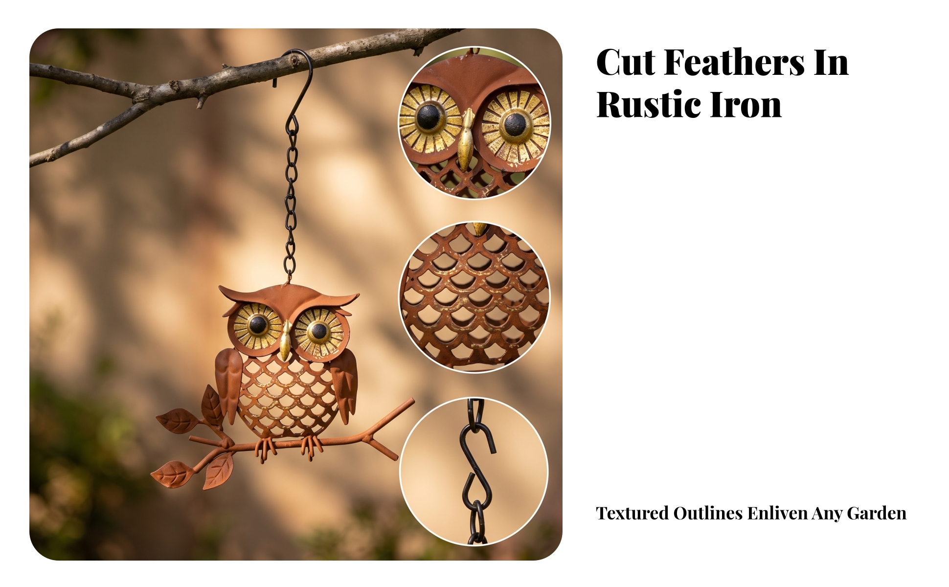 Metal Owl Sculpture Rust-Resistant Hanging Garden Ornament Rustic for Courtyard