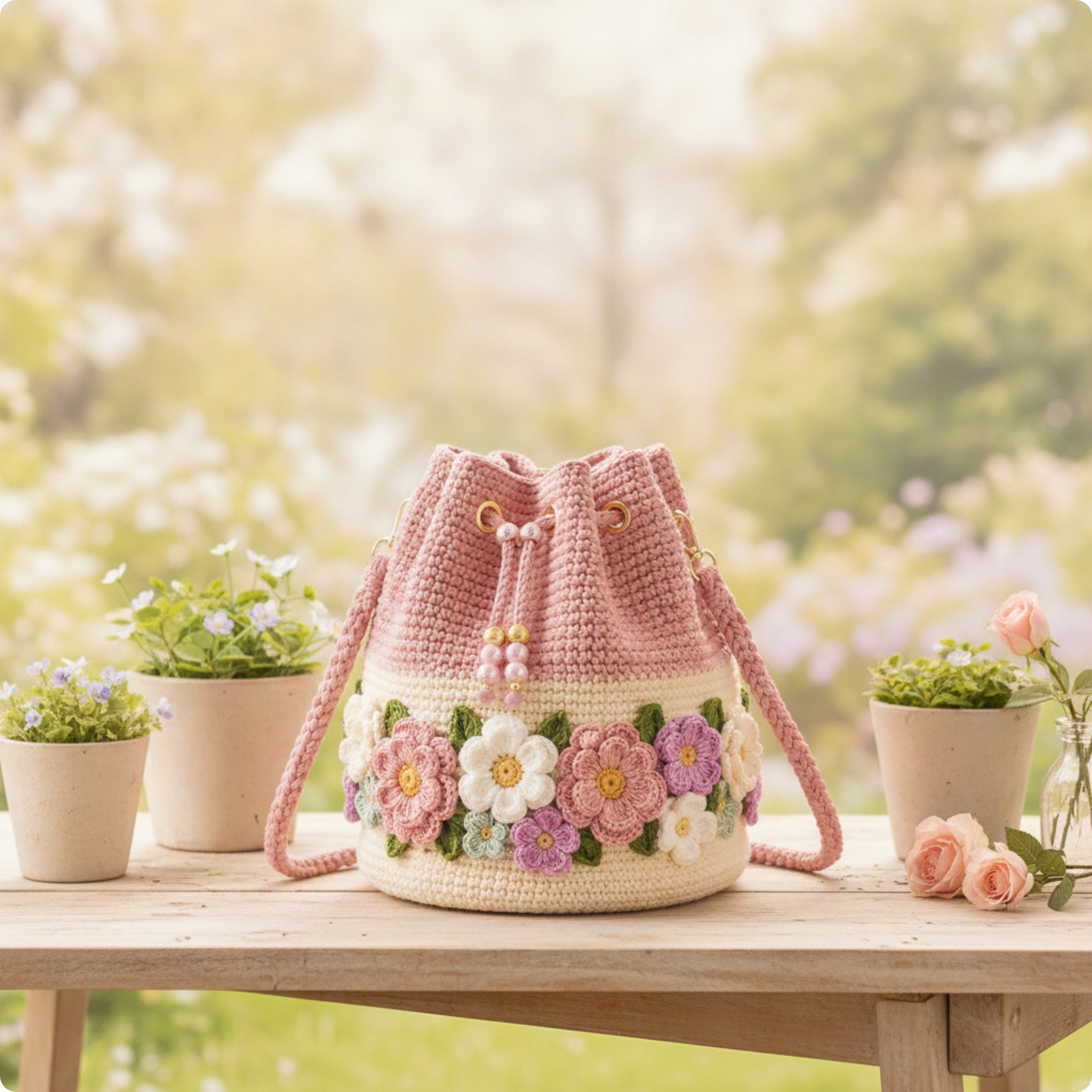 Häkelbeutel mit Kordelzug gehäkelt Beuteltasche mit Blumen-Applikation für