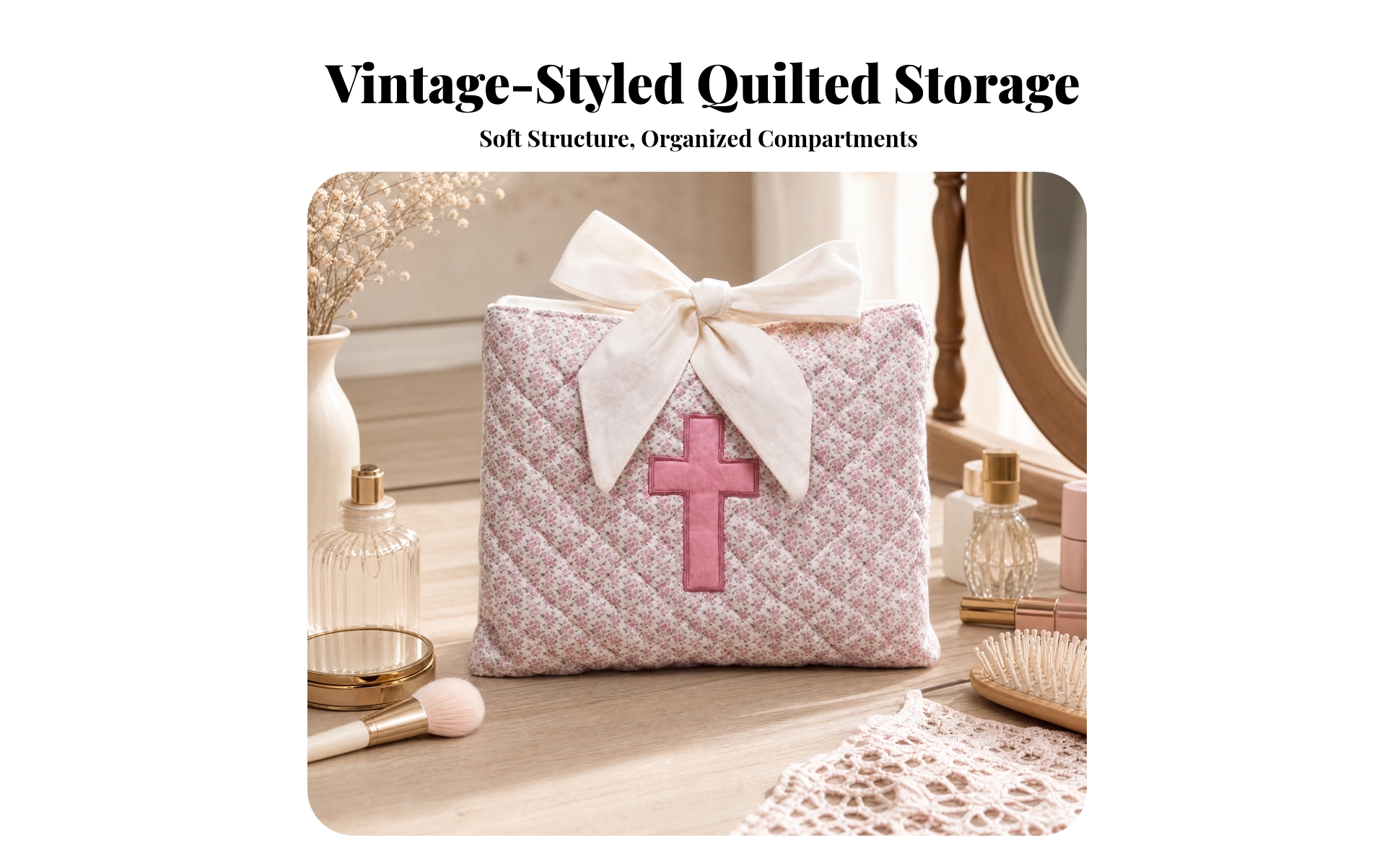 Quilted Cosmetic Bag Portable Cotton Toiletry Pouch Travel for Vanity, Travelers