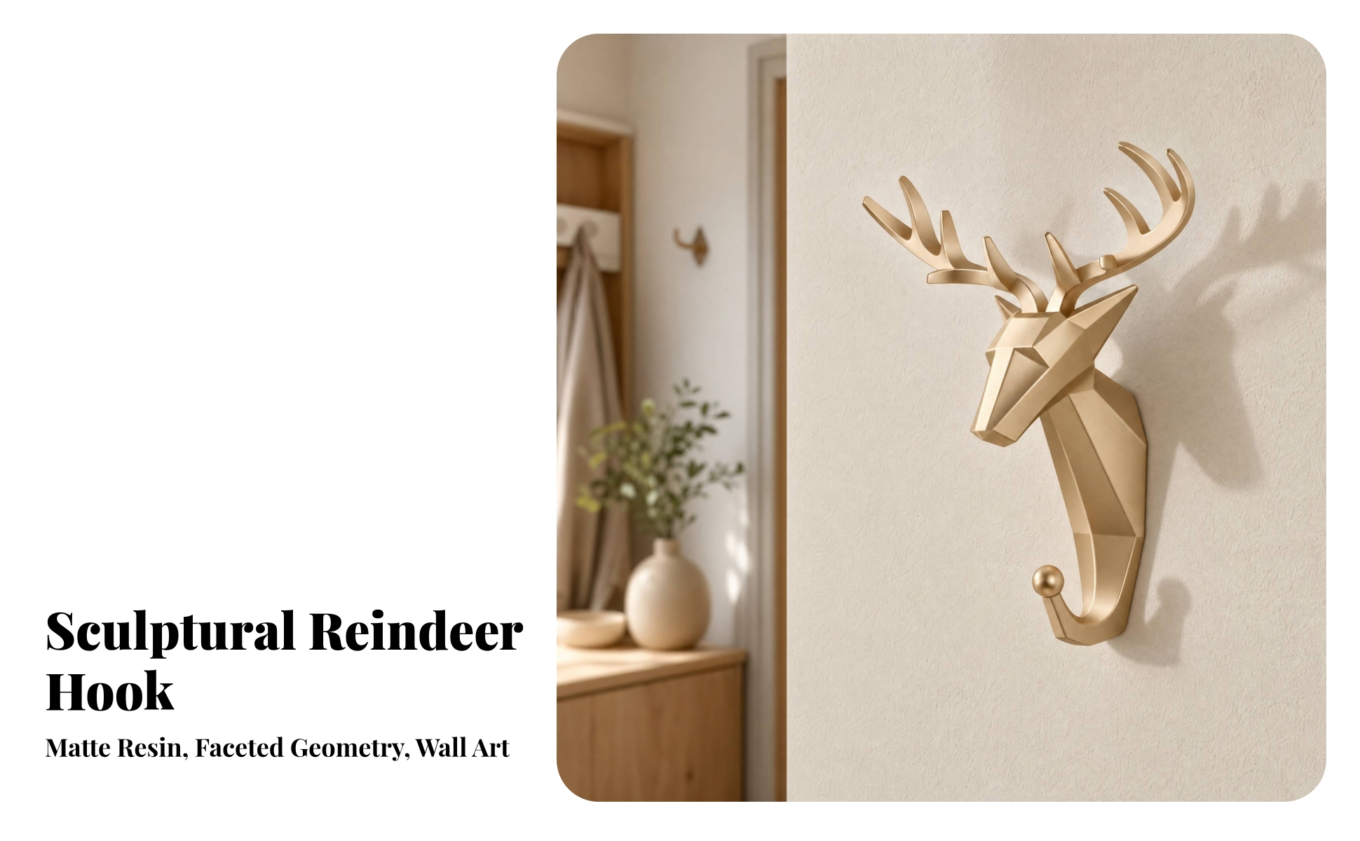 Faceted Deer Head Wall Hook Decorative for Entryway, Behind Doors