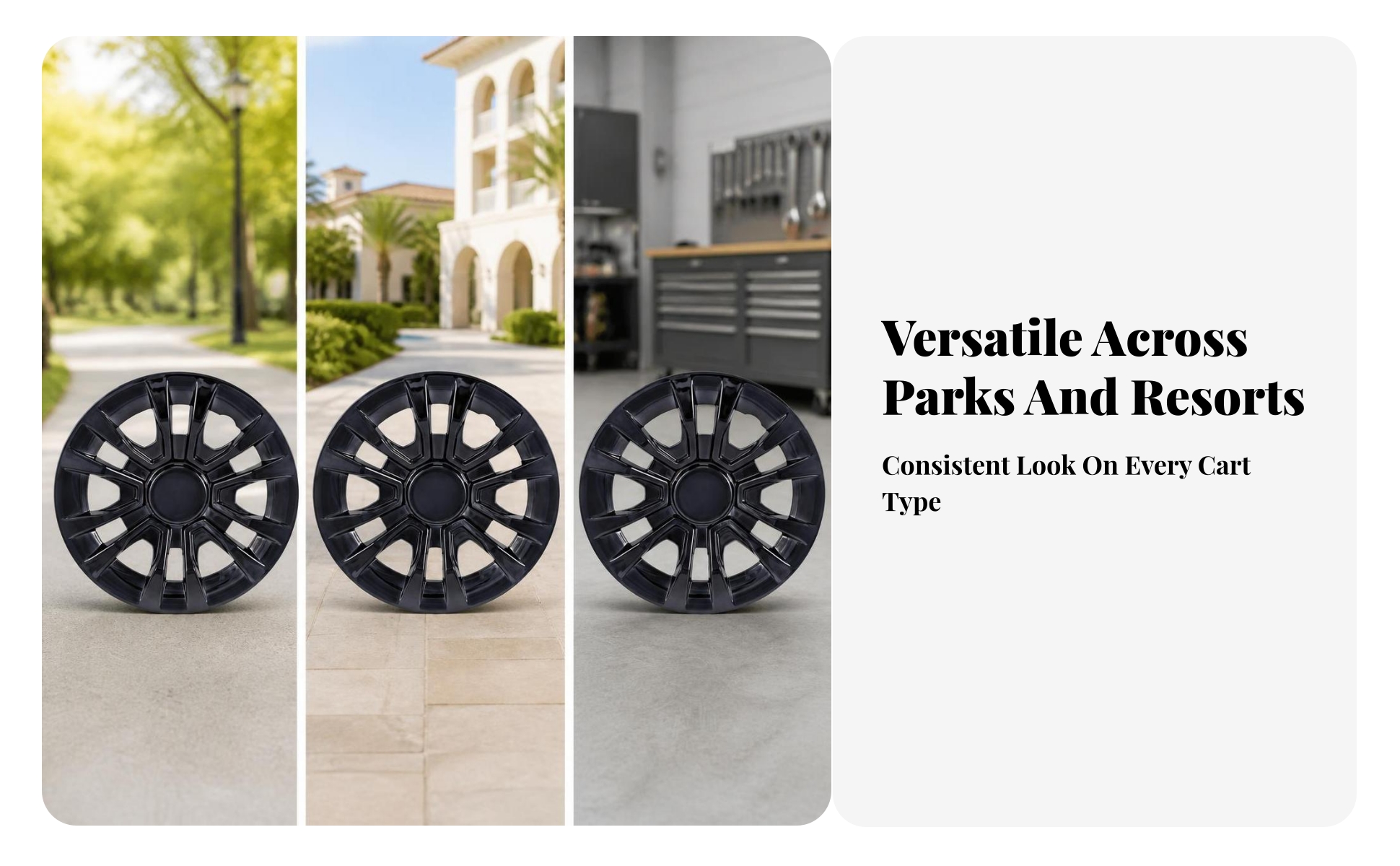 Golf Cart Hub Cap with Chrome Spokes Glossy Black for Sightseeing Vehicles