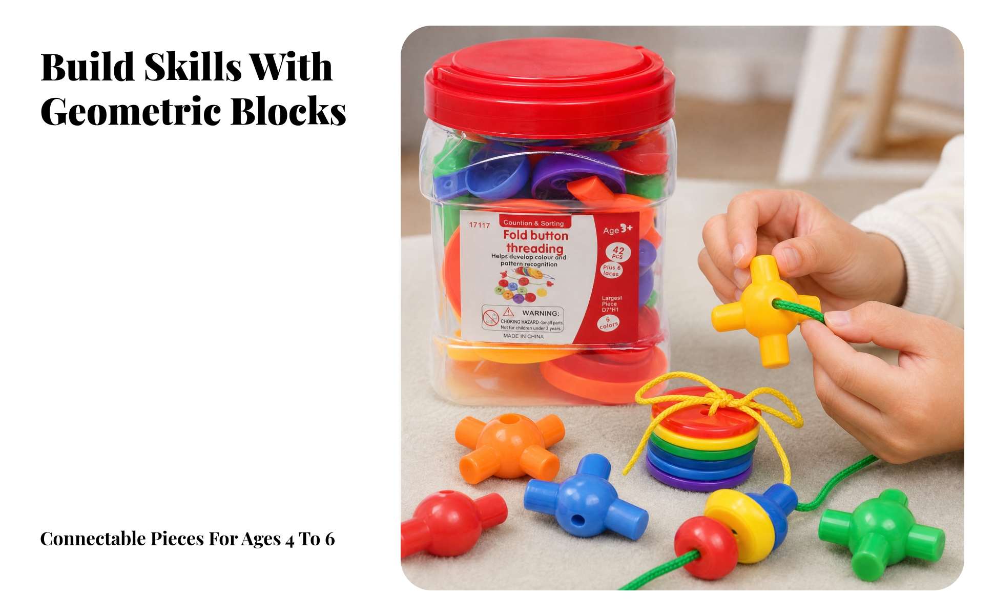 42 Pieces Threading Toy with Storage Jar Hand-Eye Coordination Threading Toy