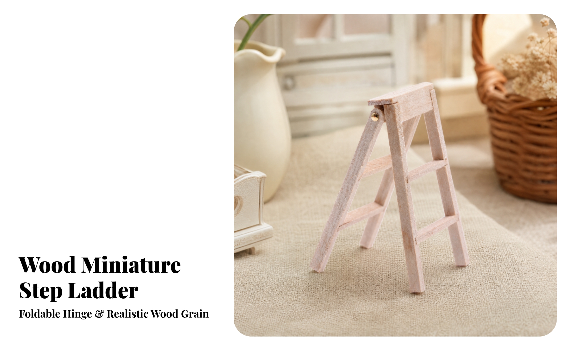 Dollhouse Accessory Lightweight Miniature Natural-Wood Folding Step Ladder