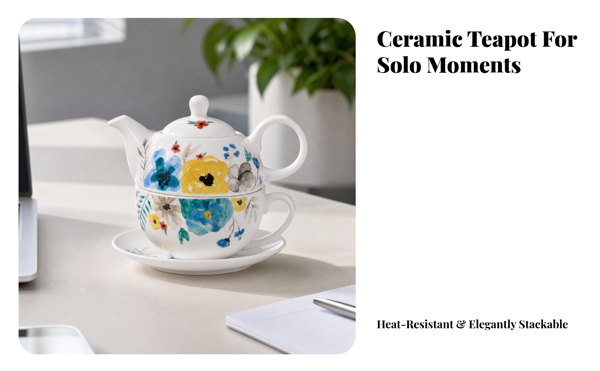 3 Pièces Service à Thé Individuel En Céramique Floral pour Bureau, Pause Détente