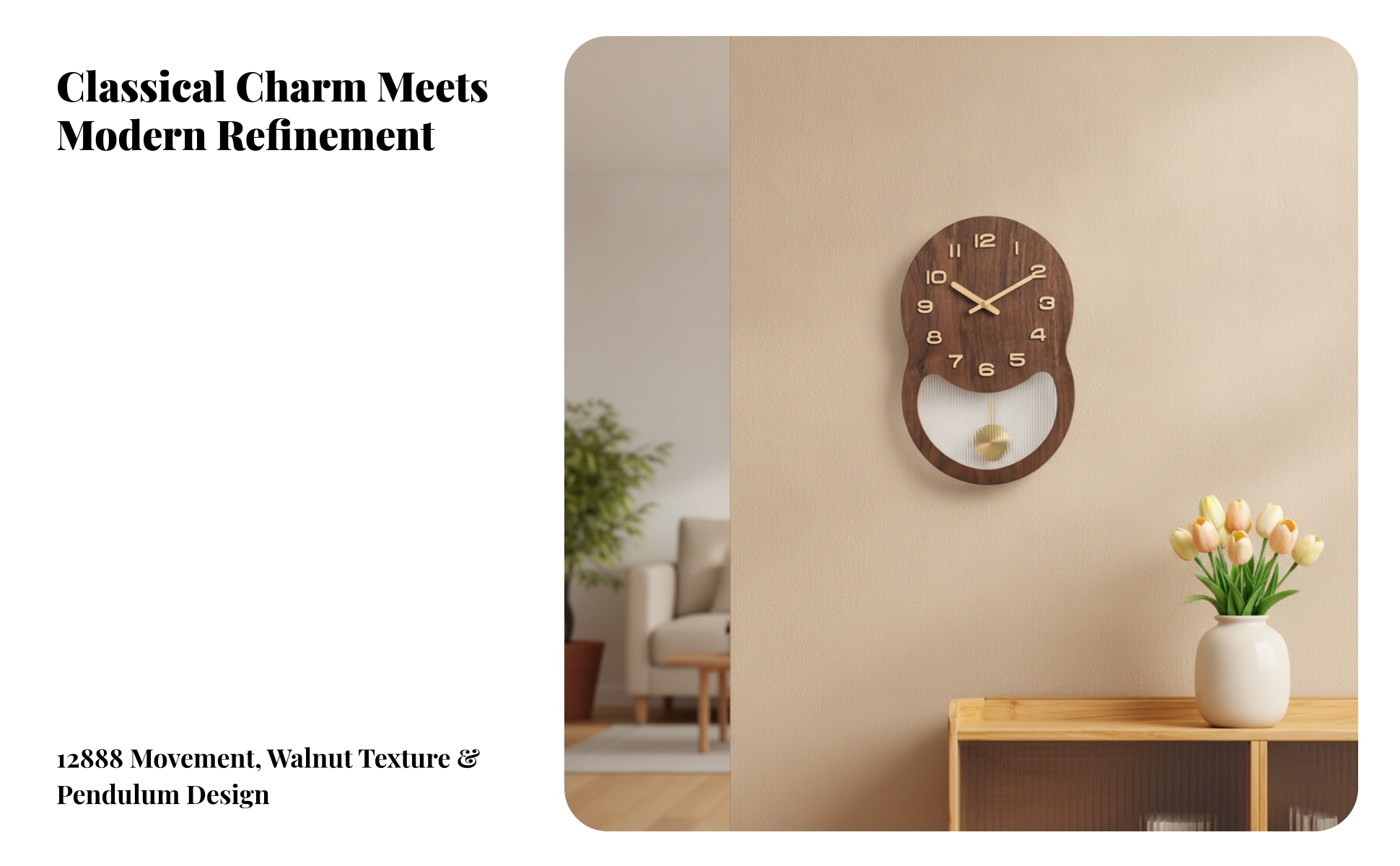 Walnut Wood Pendulum Wall Clock Silent Wooden Wall Clock Decorative for Office